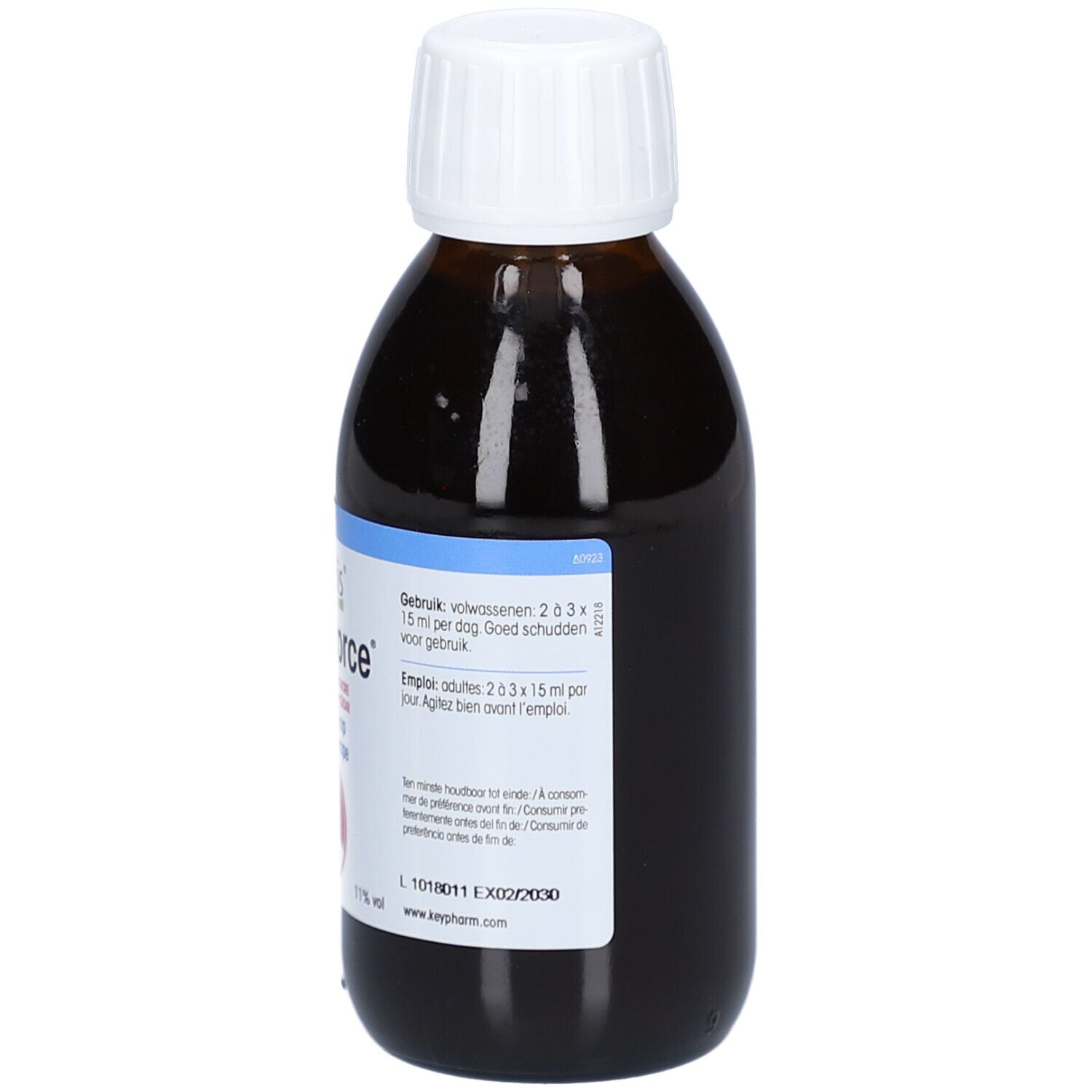 Braune Glasflasche mit weißem Deckel. Etikett mit Produktinformationen.