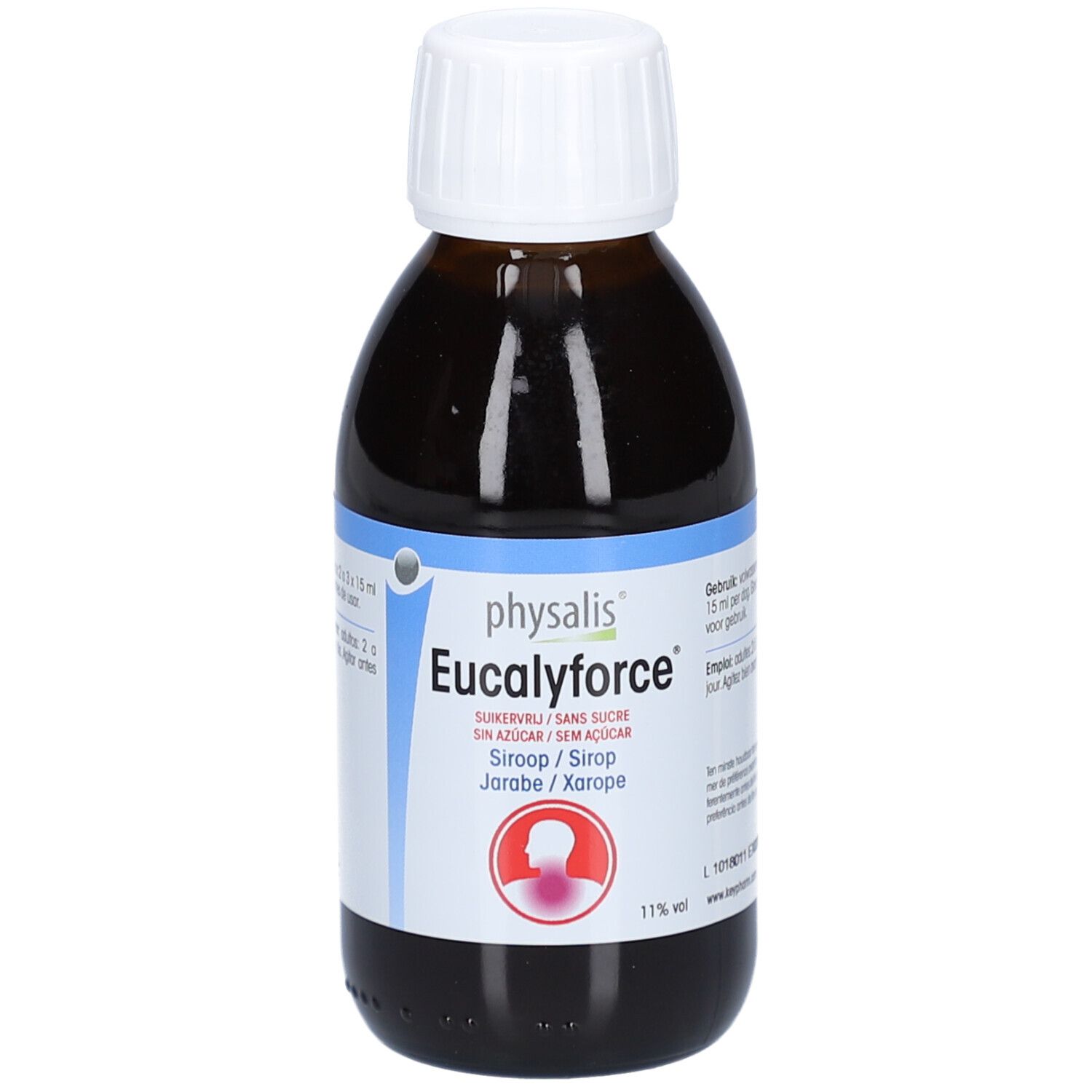 Braune Glasflasche mit weißem Deckel. Etikett mit Produktnamen: Eucalyforce. Ohne Zucker.