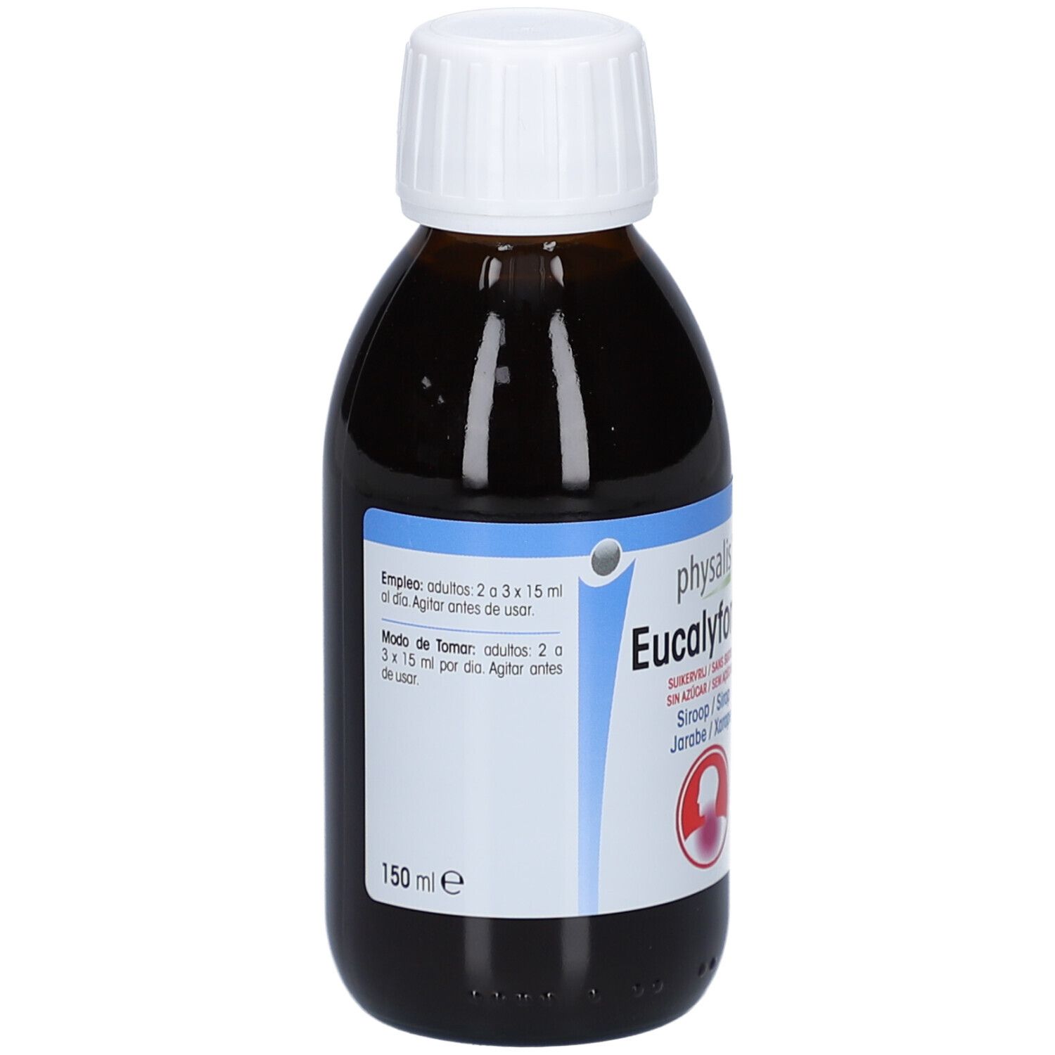 Braune Glasflasche mit weißem Deckel. Etikett mit Produktinformationen. 150 ml.