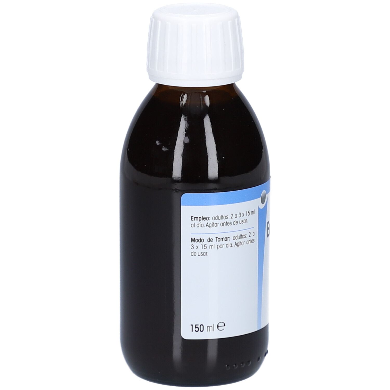 Braune Glasflasche mit weißem Deckel. Etikett mit Produktinformationen. 150 ml.