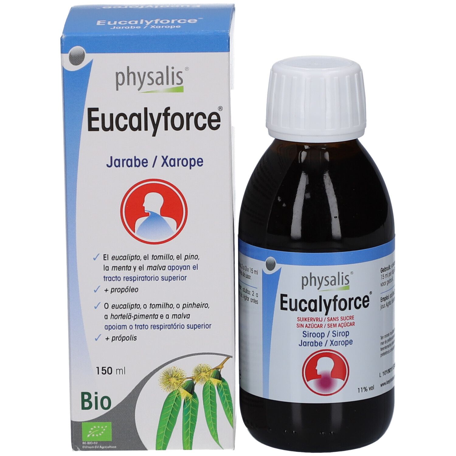 Produktverpackung und Flasche. Auf der Verpackung: Eucalyforce, 150 ml, Bio-Siegel.