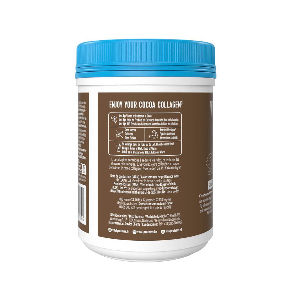 Dos du pot de Vital Proteins Collagen Peptides. Texte : Enjoy your Cocoa Collagen.
