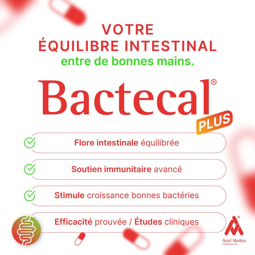 Emballage Bactecal Plus avec symbole intestinal et texte 'Fonction Intestinale'.