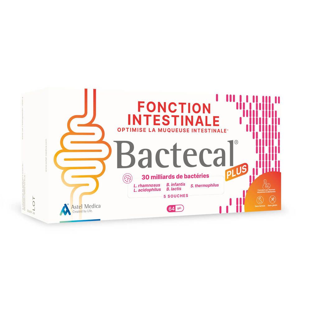 Famille à table, emballage Bactecal Plus au premier plan, Fonction Intestinale.