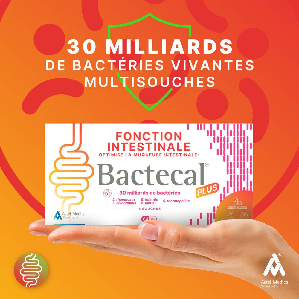 Bactecal Plus liste des avantages : flore intestinale, système immunitaire, croissance bactérienne.