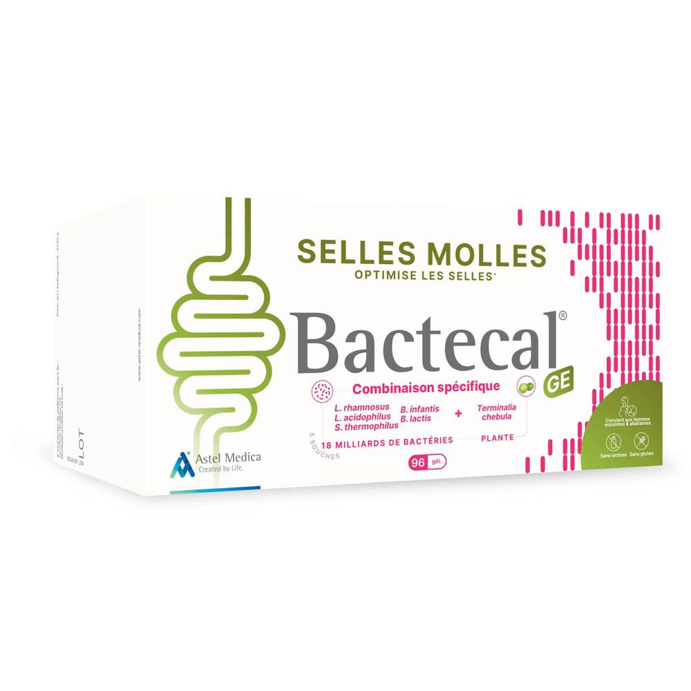 Boîte Bactecal GE avec symbole intestinal et lignes roses. Pour selles molles.