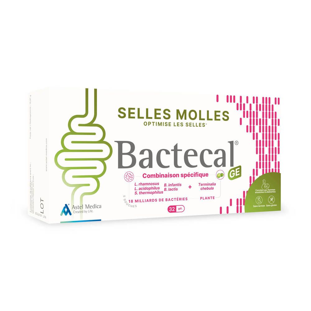 Bactecal GE: Boîte pour selles molles, 32 sachets, avec symbole intestinal.
