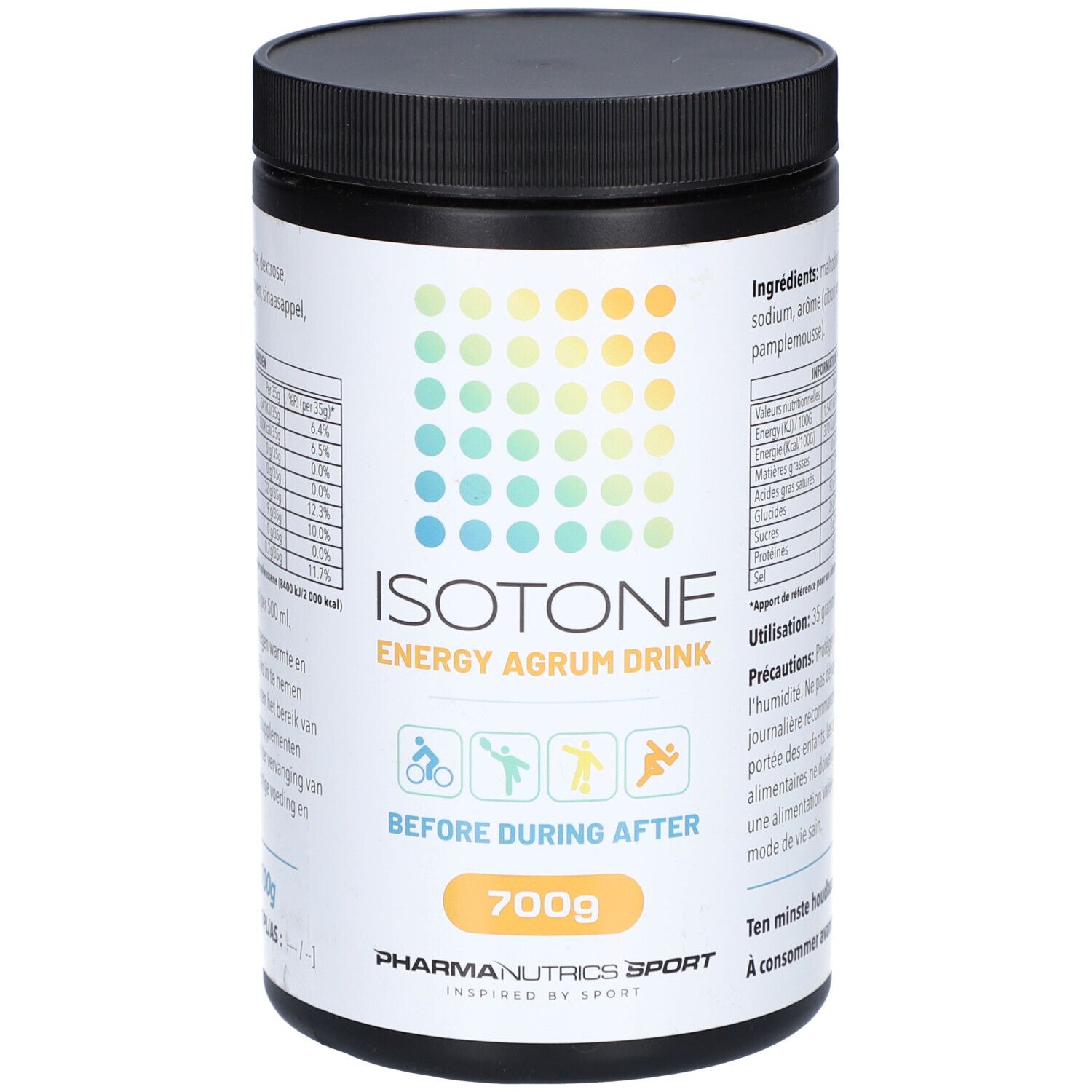 Schwarze Dose mit weißem Etikett. Aufschrift: ISOTONE ENERGY AGRUM DRINK. 700g. Pharmanutrics Sport. Vor, während und nach dem Training.
