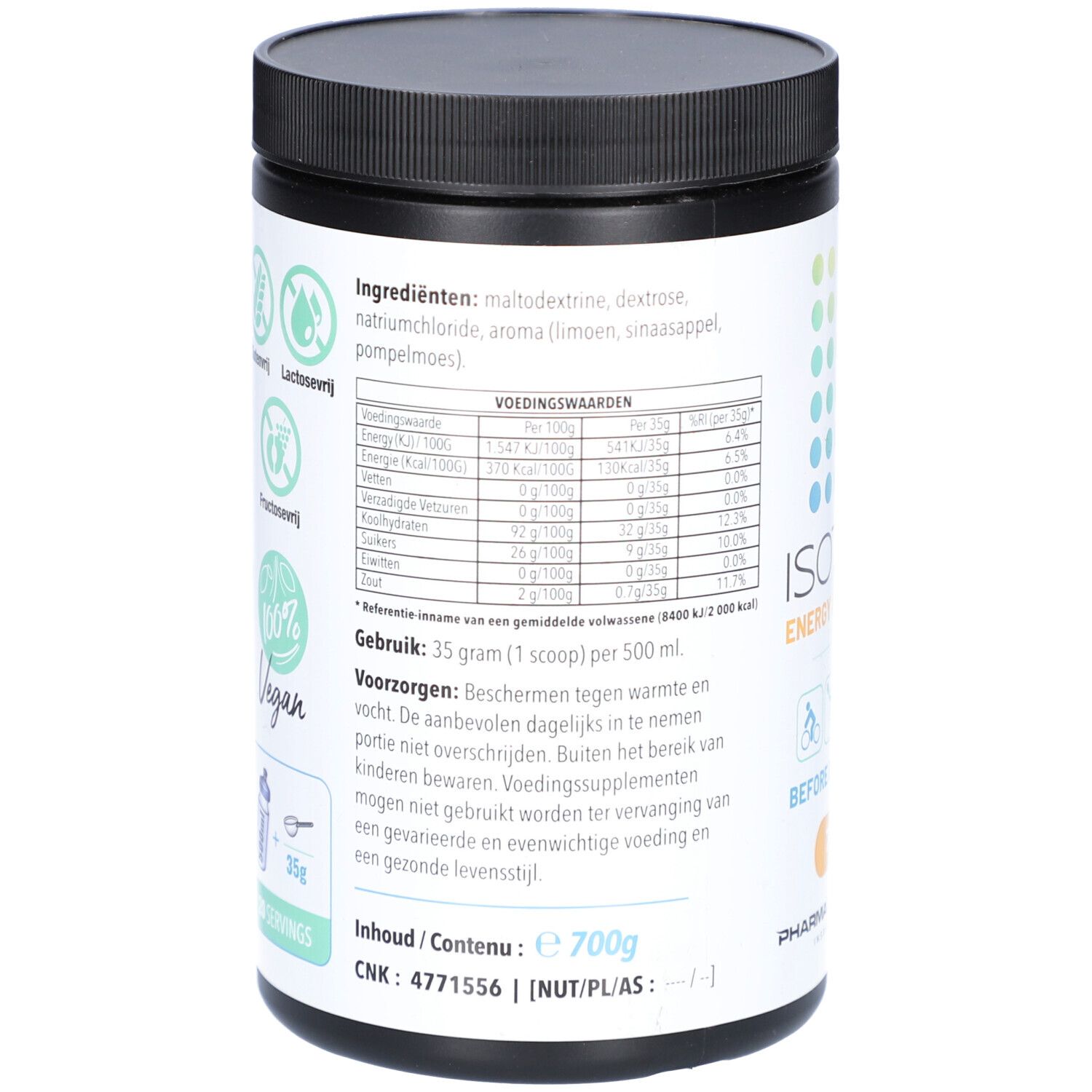 Rückseite der Dose. Zutatenliste, Nährwertangaben, Gebrauchsanweisung. 700g Inhalt. Vegan-Siegel. CNK: 4771556.