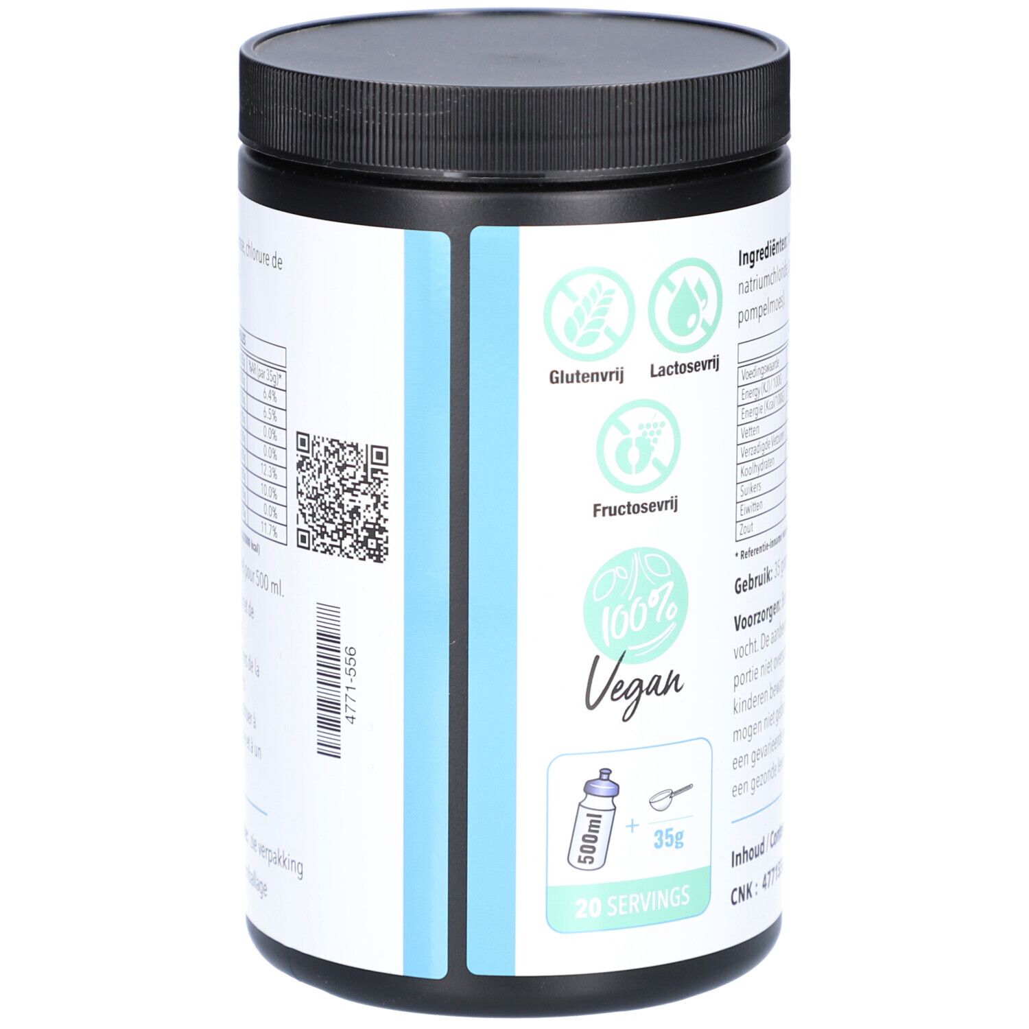 Dose mit weißem Etikett und blauen Streifen. Glutenfrei, laktosefrei, fructosefrei, vegan. 20 Portionen. 500ml.