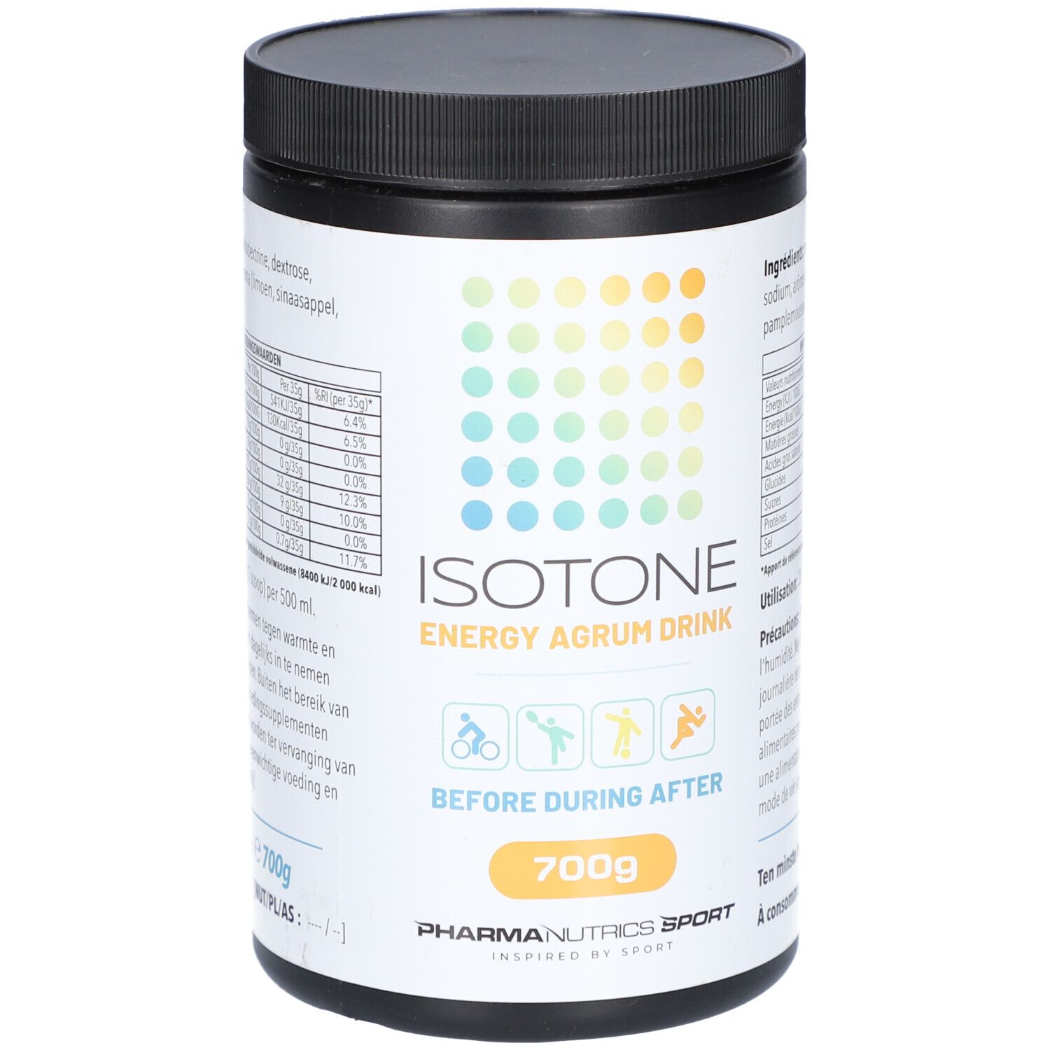 Schwarze Dose mit weißem Etikett. Aufschrift: ISOTONE ENERGY AGRUM DRINK. 700g. Pharmanutrics Sport. Vor, während und nach dem Training.