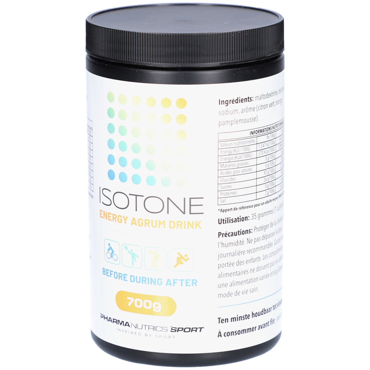 Schwarze Dose mit weißem Etikett. Aufschrift: ISOTONE ENERGY AGRUM DRINK. 700g. Pharmanutrics Sport. Vor, während und nach dem Training.