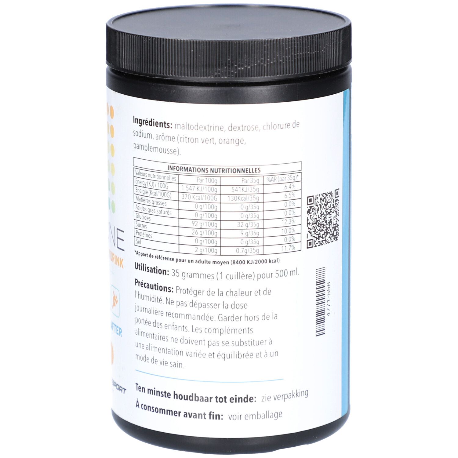 Schwarze Dose mit weißem Etikett. Aufschrift: ISOTONE ENERGY AGRUM DRINK. 700g. Pharmanutrics Sport. Vor, während und nach dem Training.