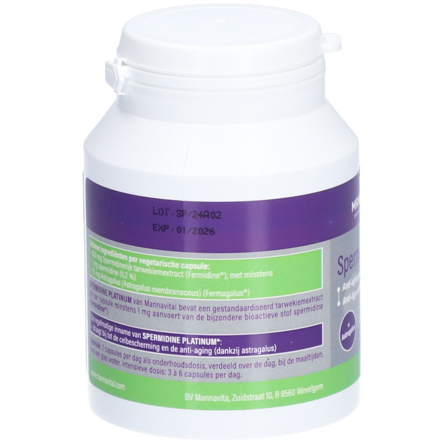 Rückseite einer weißen Flasche mit lila Etikett. Enthält Informationen zu Inhaltsstoffen und Dosierung. Mit Astragalus.