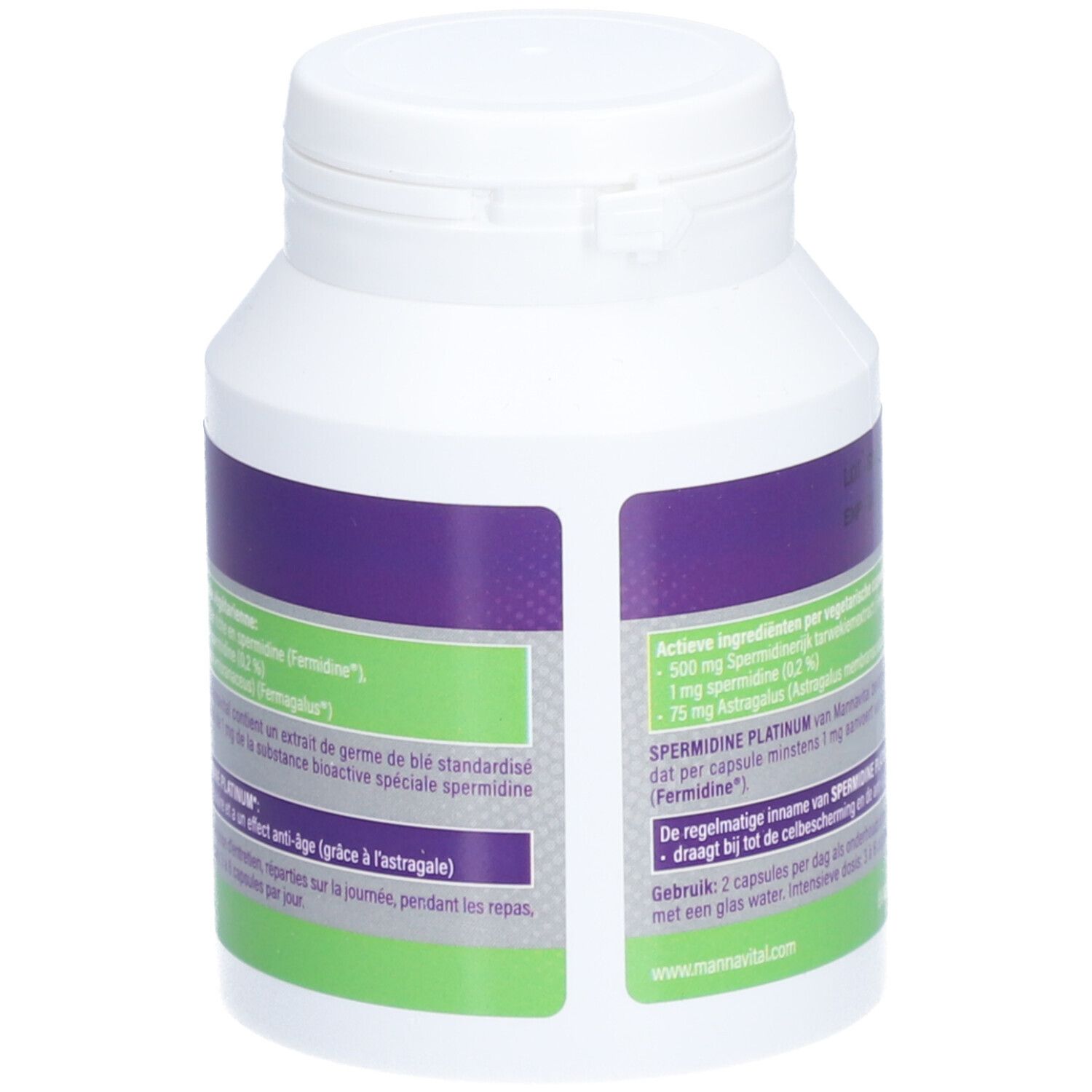 Rückseite einer weißen Flasche mit lila Etikett. Enthält Informationen zu Inhaltsstoffen und Dosierung. Mit Astragalus.