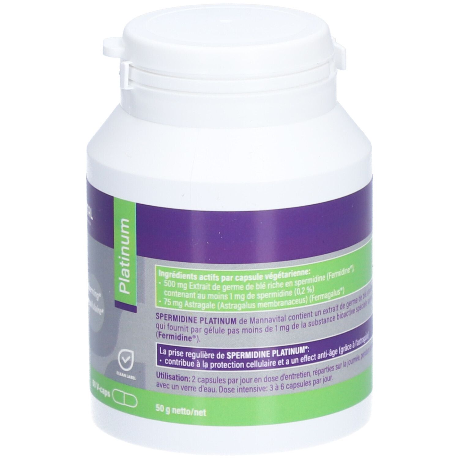 Rückseite einer weißen Flasche mit lila Etikett. Enthält Informationen zu Inhaltsstoffen und Dosierung. Mit Astragalus.