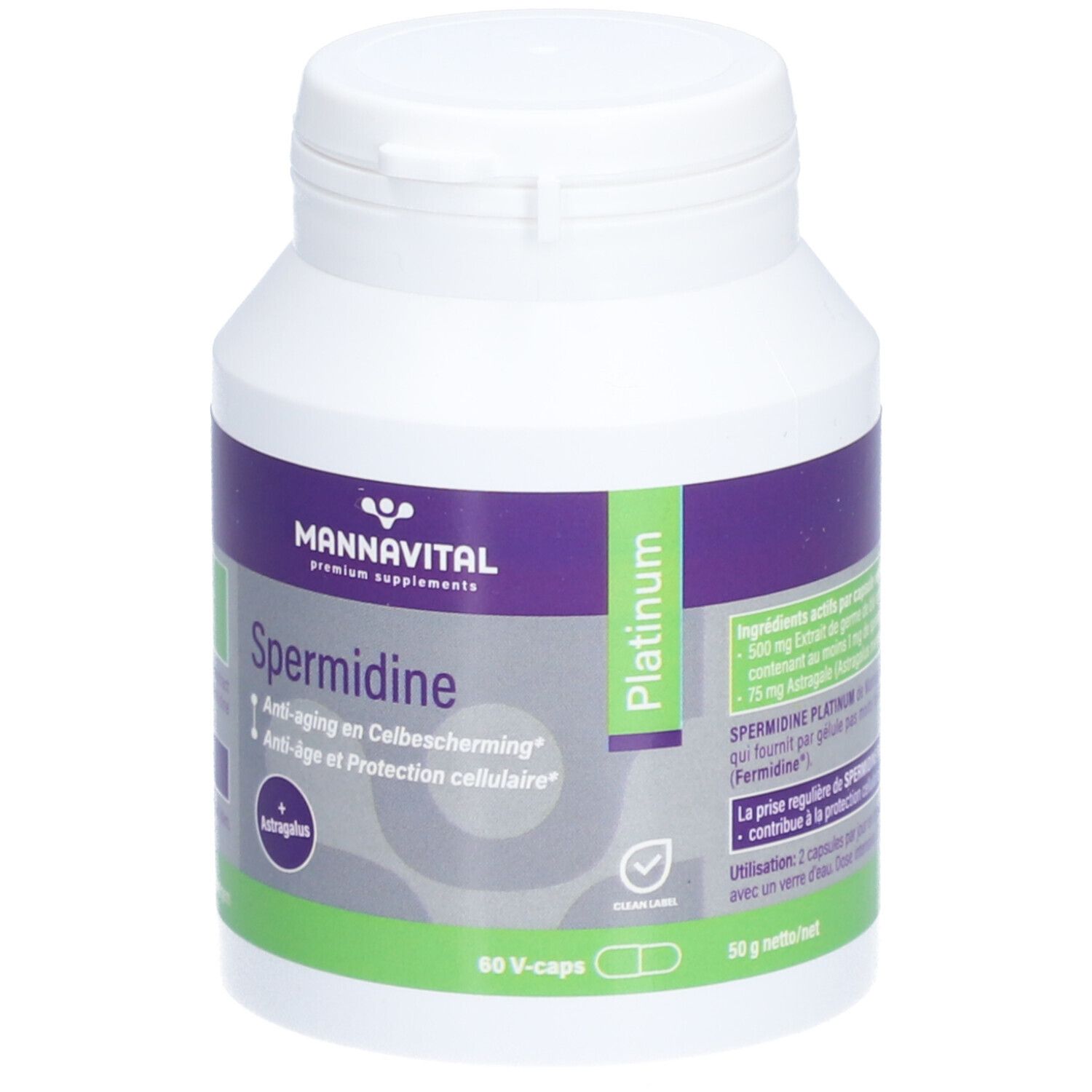 Weiße Flasche mit lila Etikett. Aufschrift: Mannavital, Spermidine, Platinum. Enthält 60 V-Kapseln. Mit Astragalus.
