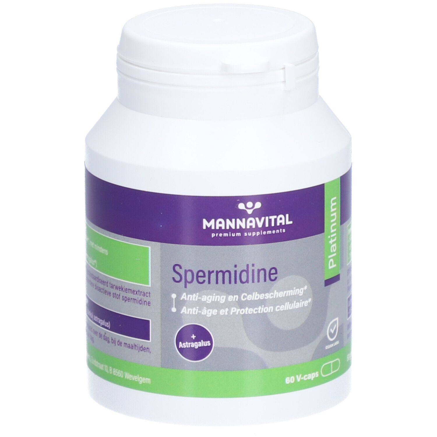 Weiße Flasche mit lila Etikett. Aufschrift: Mannavital, Spermidine, Platinum. Enthält 60 V-Kapseln. Mit Astragalus.