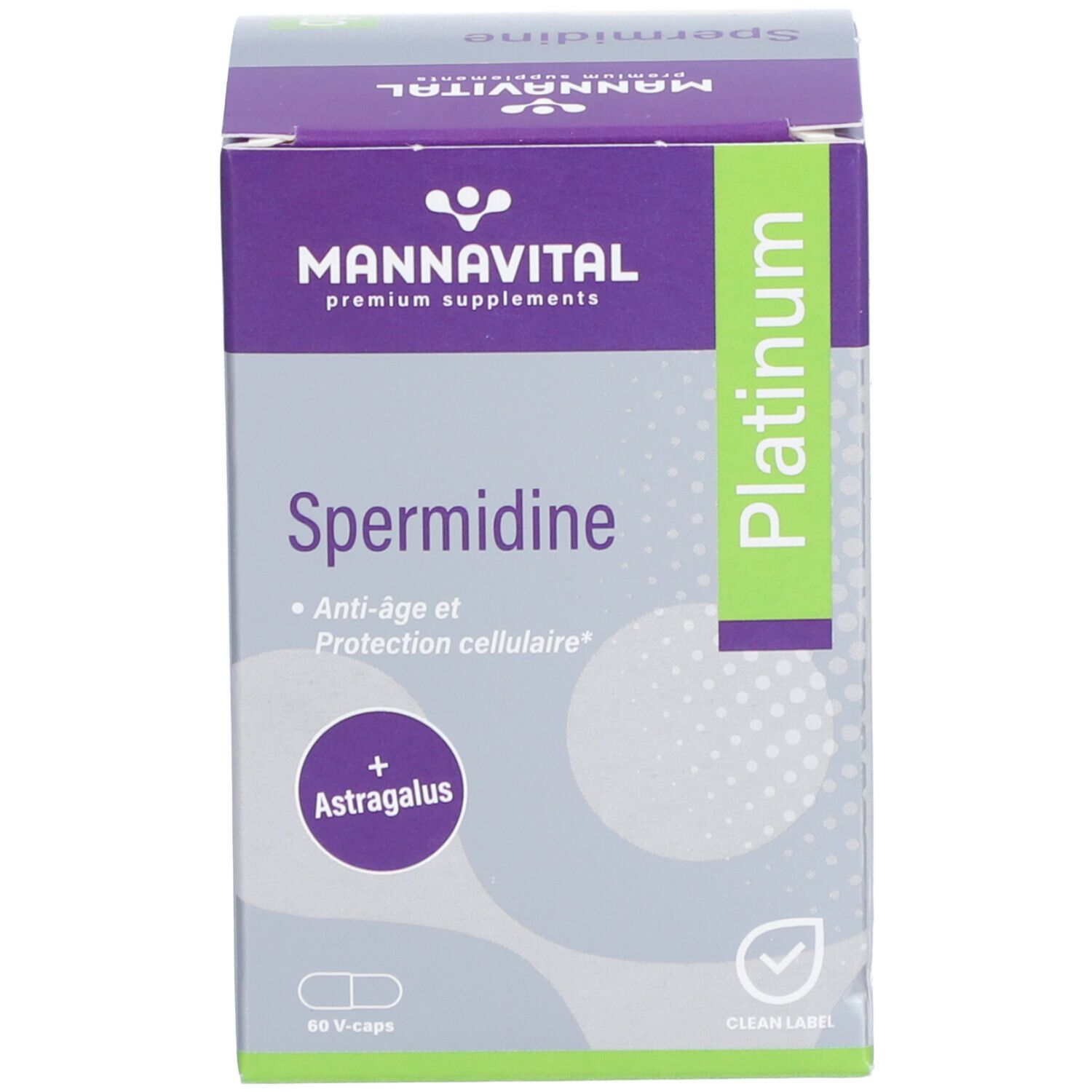 Produktverpackung: Schachtel. Aufschrift: Mannavital, Spermidine, Platinum. Enthält 60 V-Kapseln. Mit Astragalus.