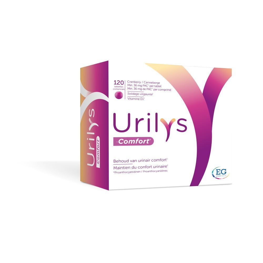 Kartonverpackung mit Urilys-Comfort. Enthält 120 Tabletten. Aufschrift: Cranberry, Vitamin D3.
