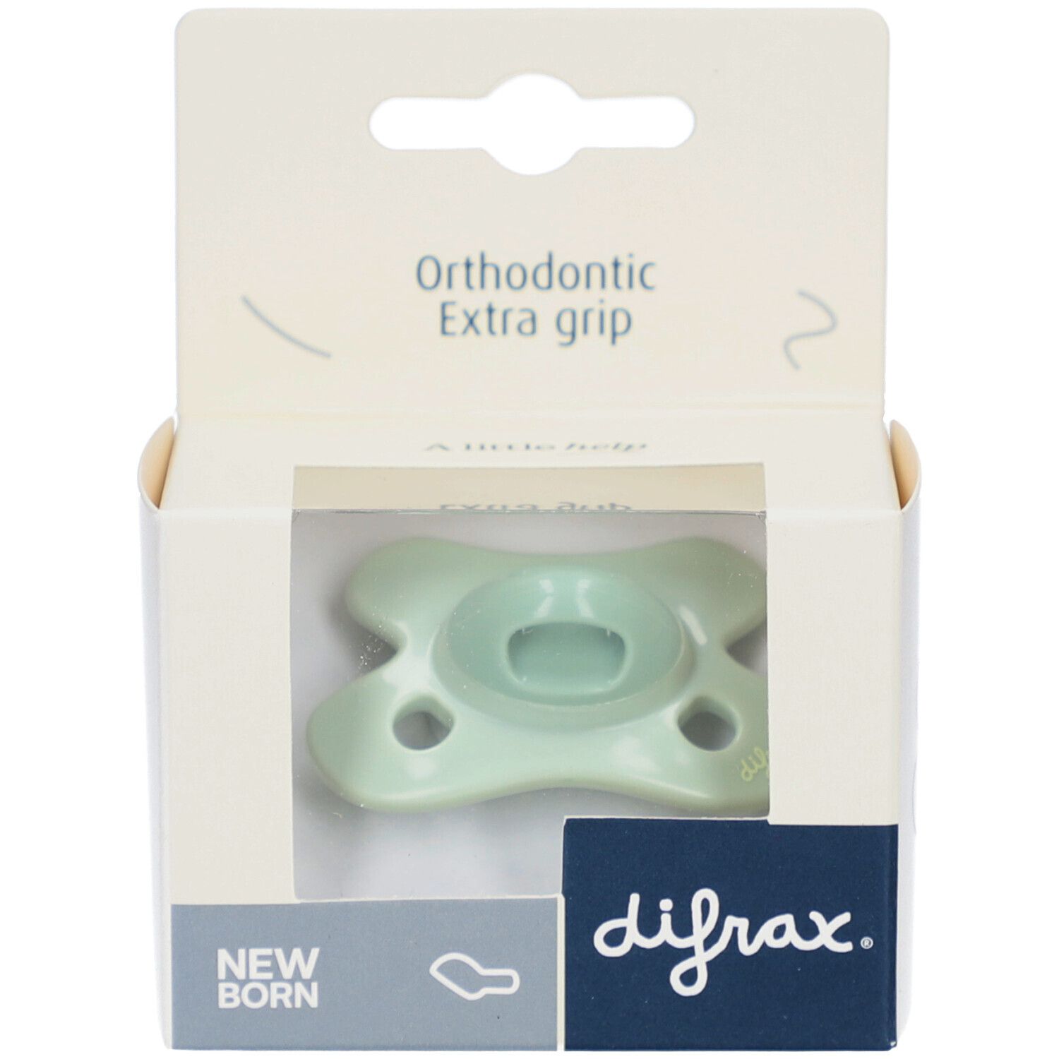 Grüner Schnuller in Verpackung. Orthodontic Extra grip. Marke: difrax. Für Neugeborene.