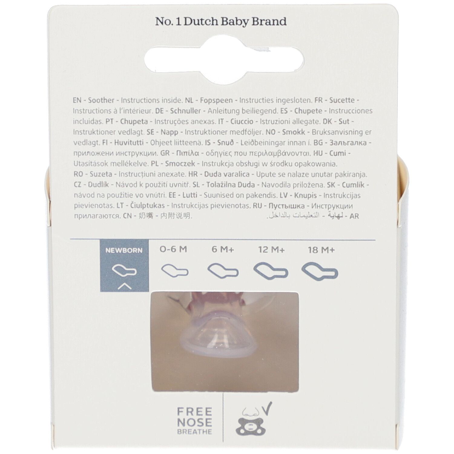 Rückseite der Verpackung mit Text und Symbolen. NEWBORN, 0-6M, 6M+, 12M+, 18M+. FREE NOSE BREATHE.