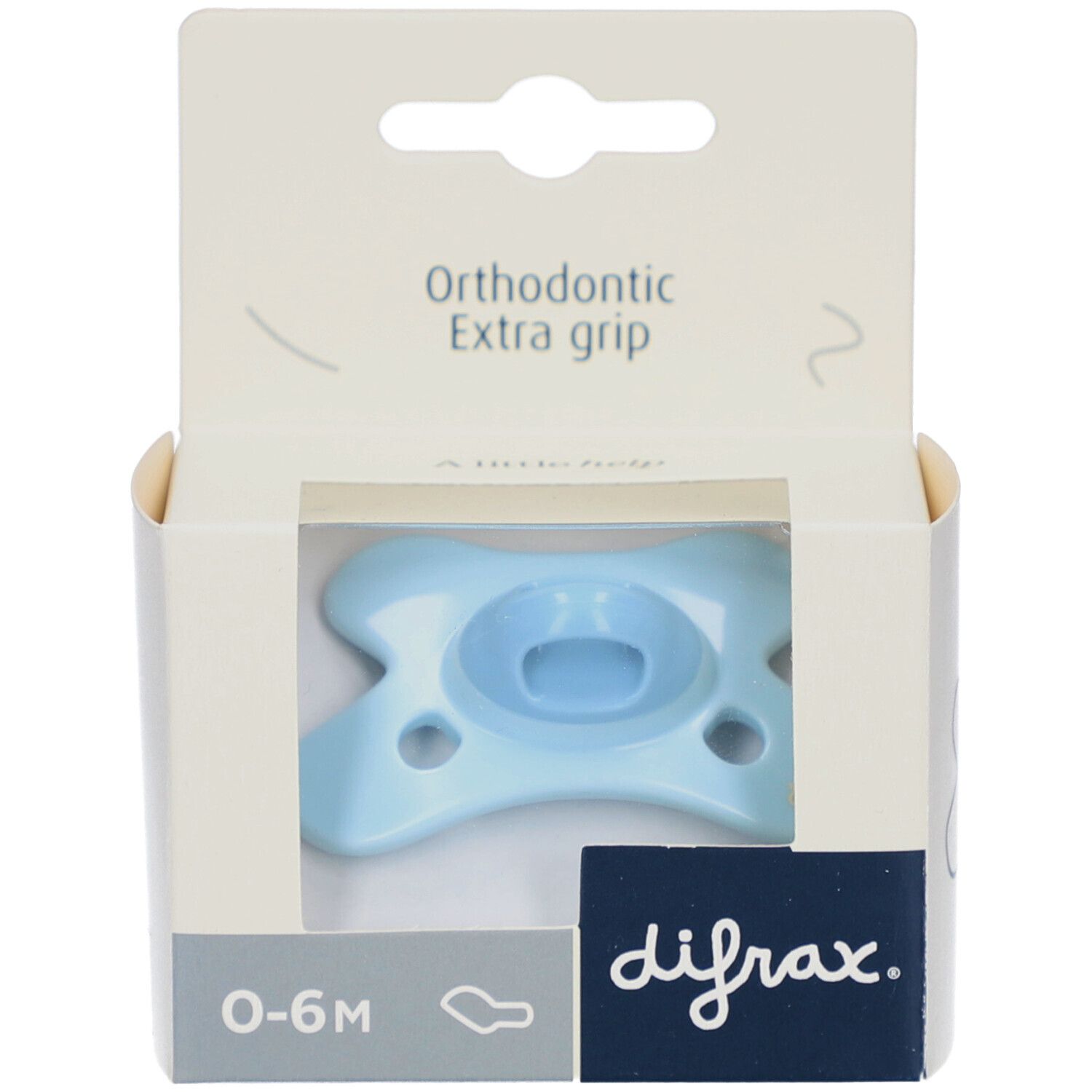 Blauer Schnuller in Verpackung. Orthodontic Extra grip. Sichtbares Produktmerkmal: 0-6M. Marke: difrax.