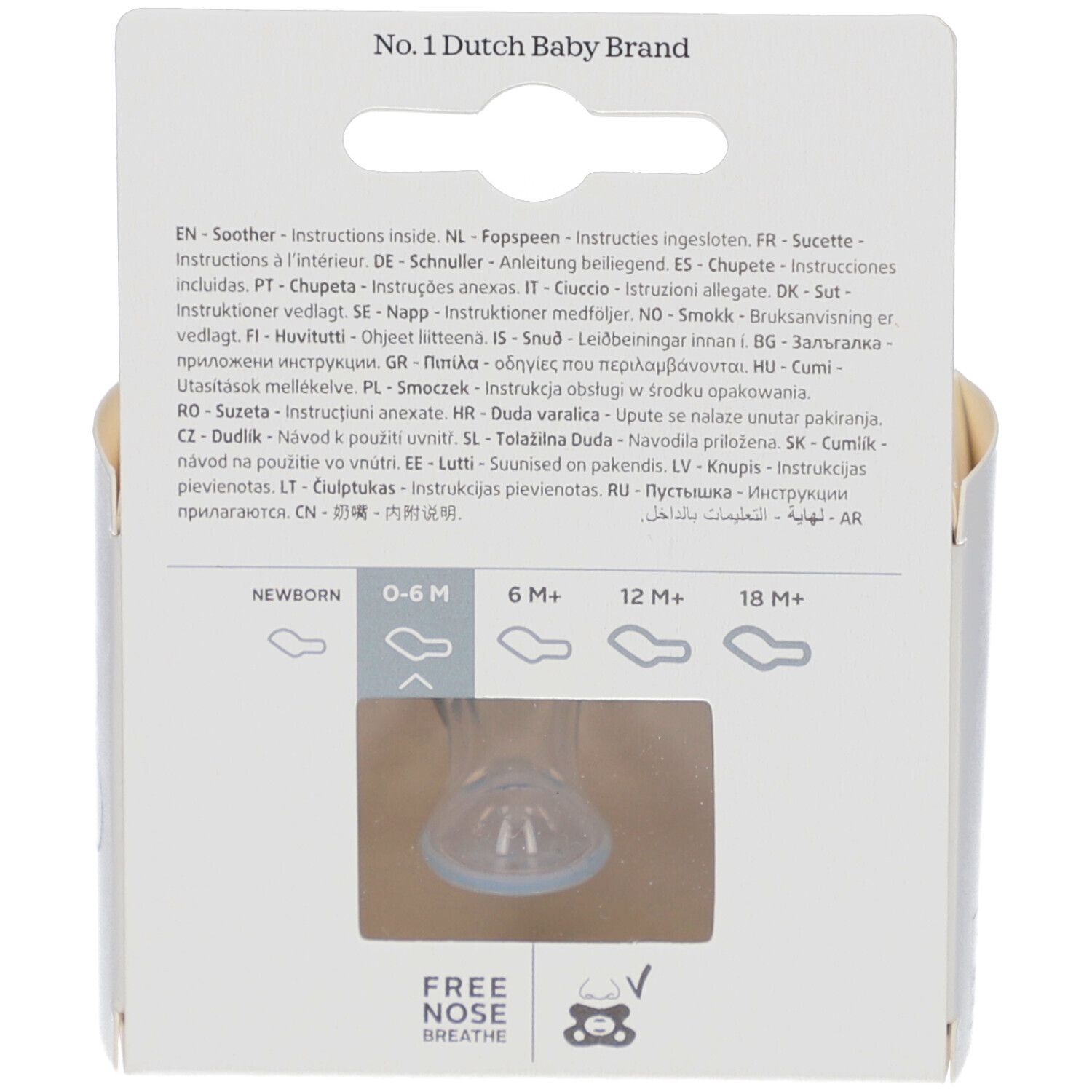 Rückseite der Verpackung mit Produktinformationen. Altersempfehlung: 0-6M. Text: No. 1 Dutch Baby Brand.