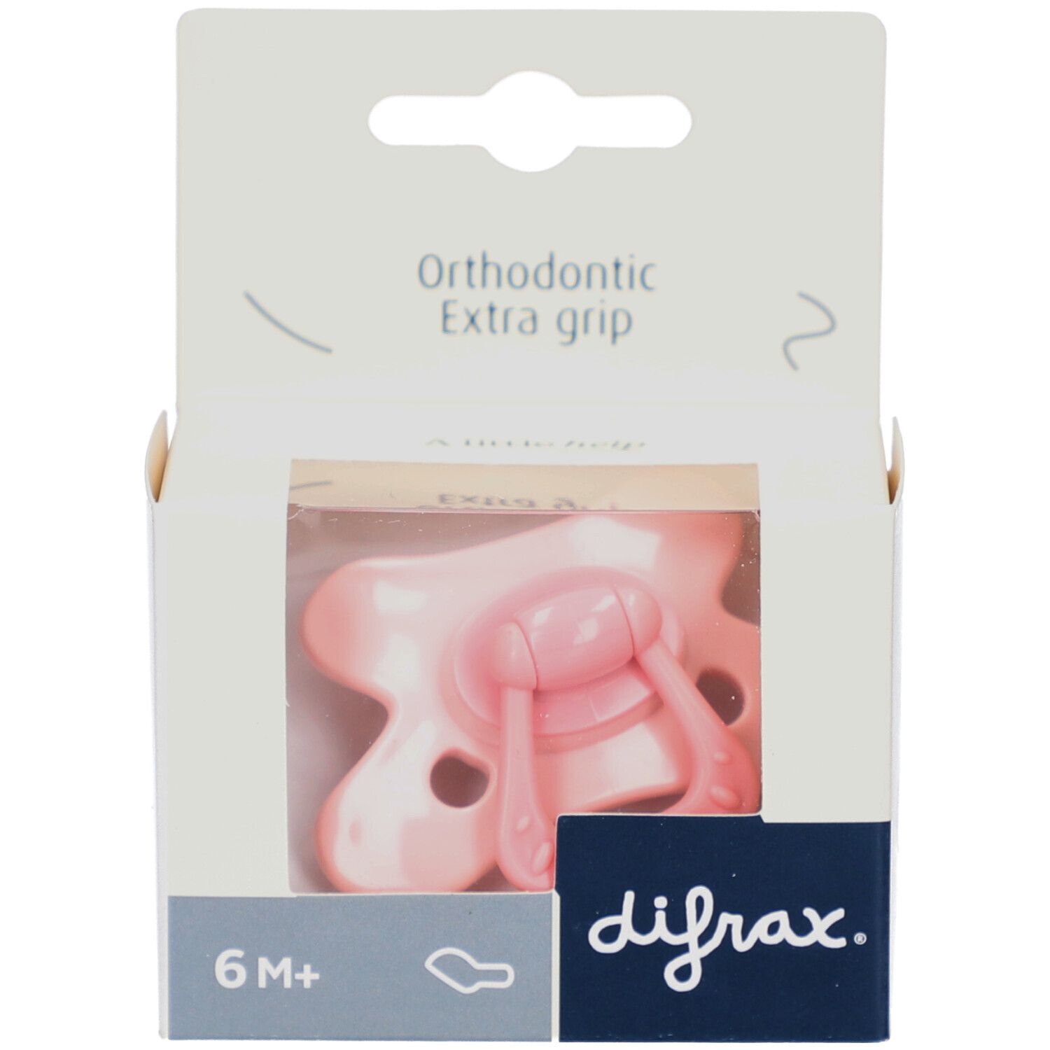 Sucette rose dans son emballage. Orthodontic Extra grip. 6M+. Logo Difrax.