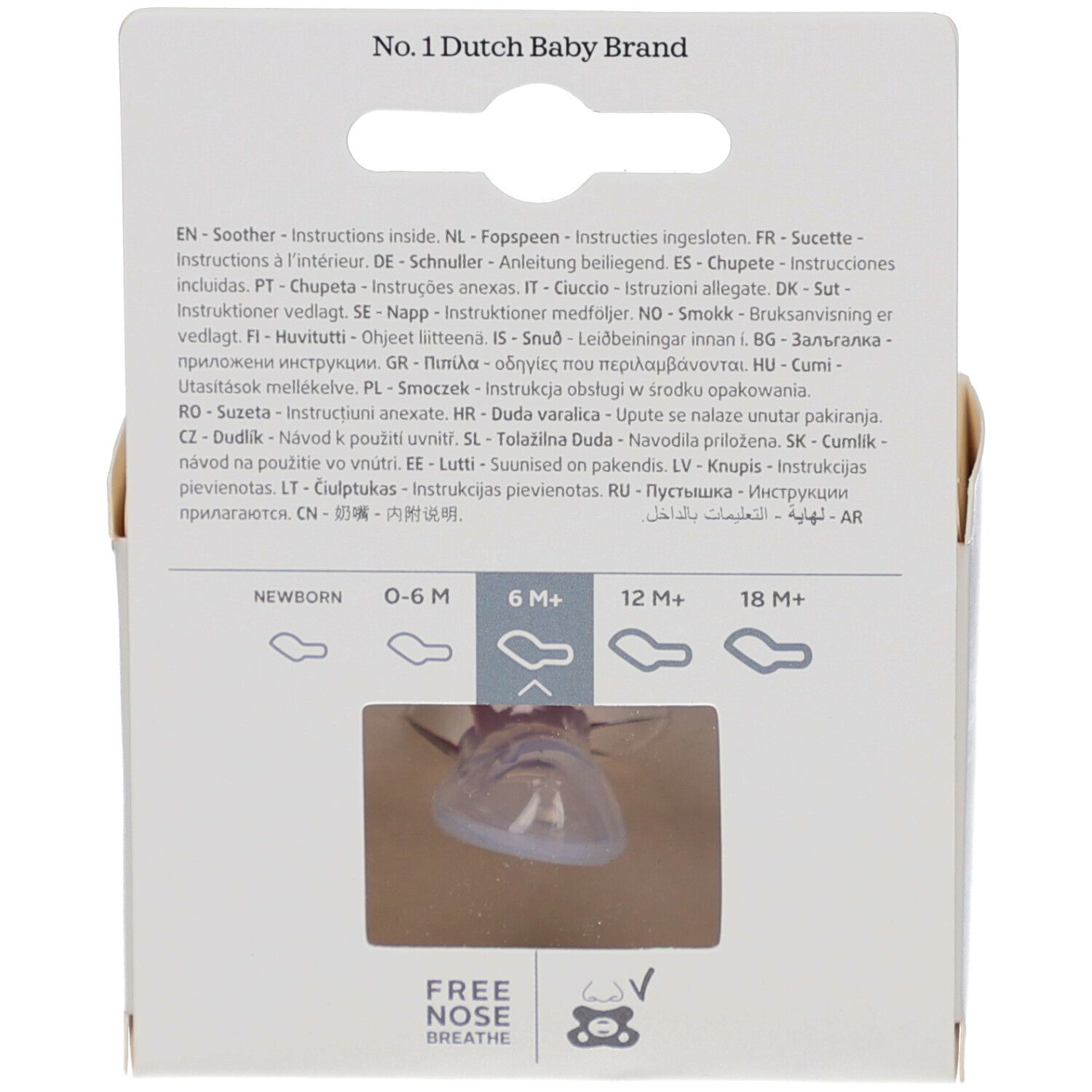 Dos de l'emballage. Texte multilingue. Recommandation d'âge 6M+.