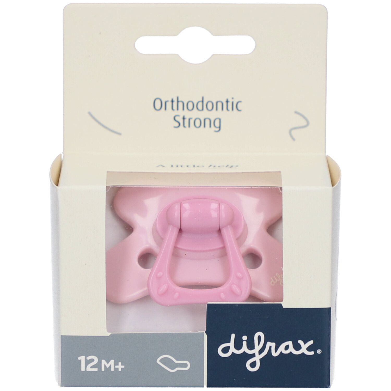Rosa Schnuller in Kartonverpackung. Aufschrift: Orthodontic Strong, 12 M+. Marke: difrax.