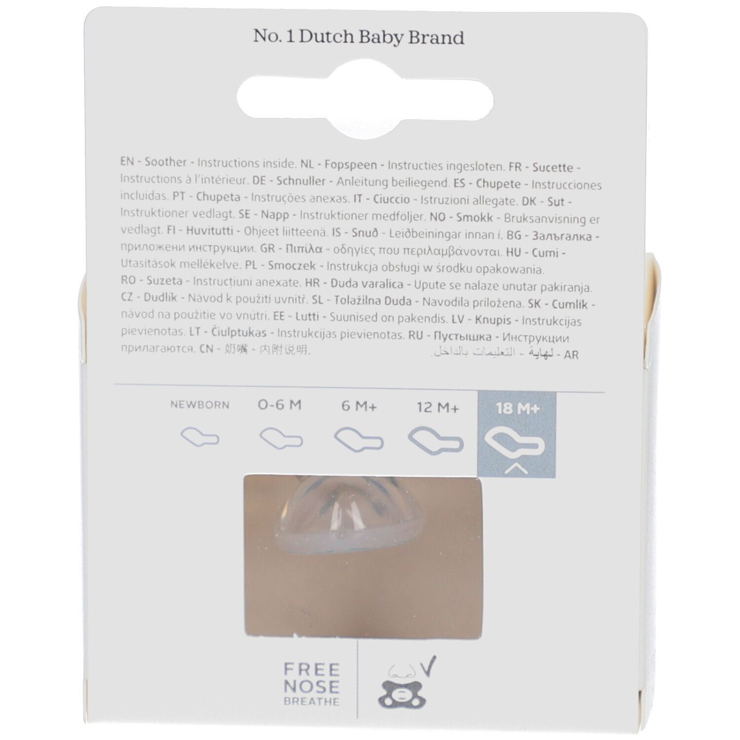 Rückseite der Verpackung. Text in mehreren Sprachen. Sichtfenster mit Schnuller. 18 M+.