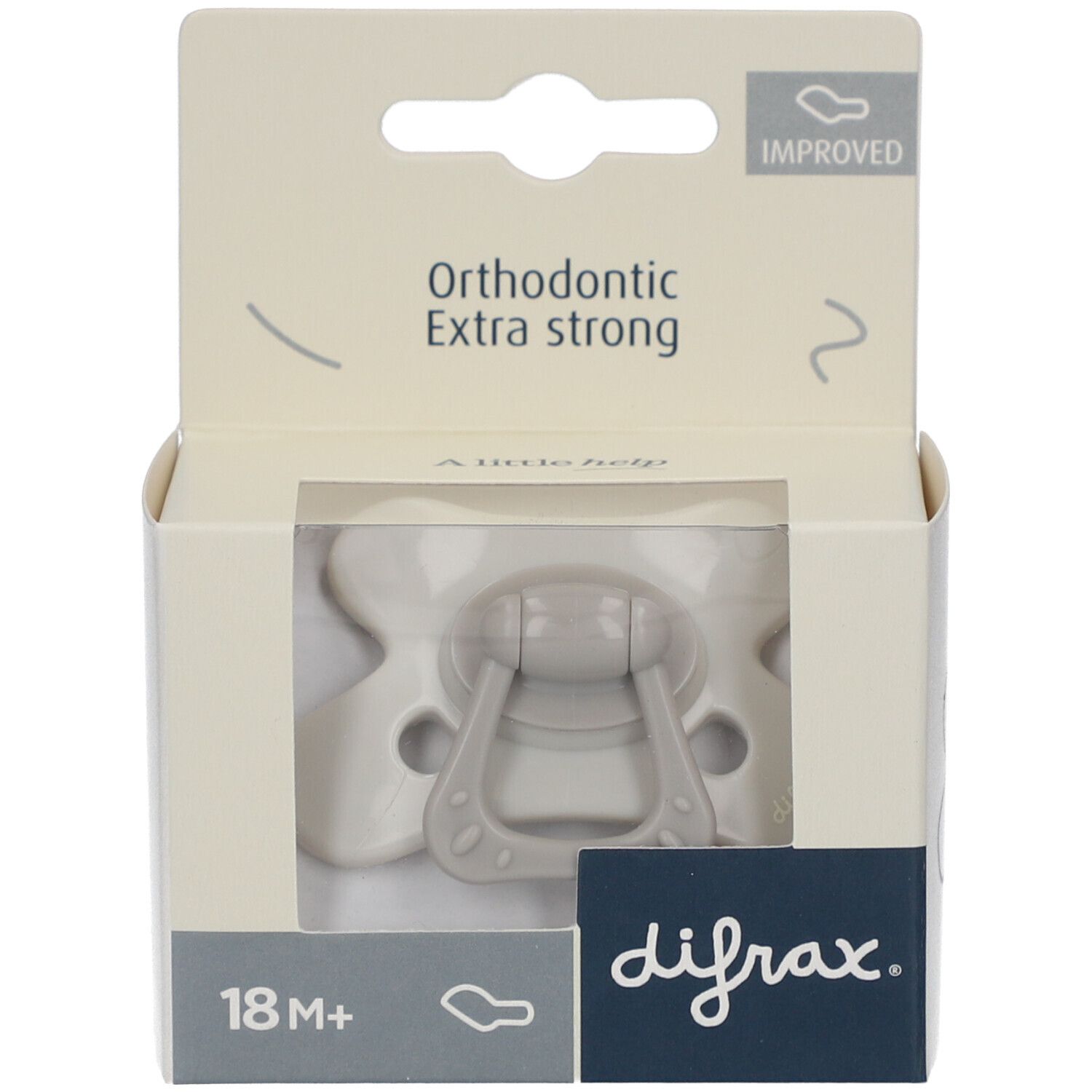 Schnuller in Verpackung. Orthodontic, extra stark. Grau. Sichtfenster. Marke: Difrax. Alter: 18M+.