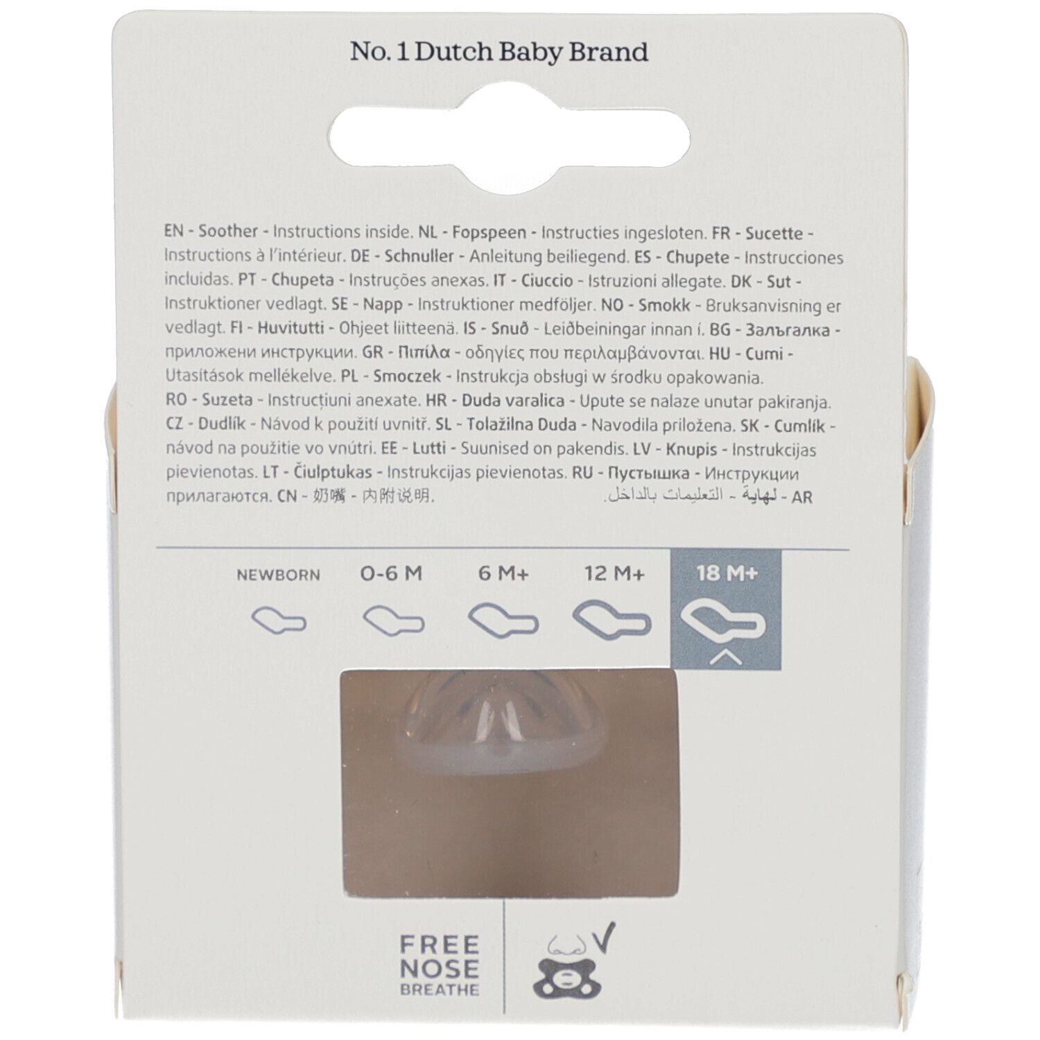 Rückseite der Verpackung. Text in mehreren Sprachen. Sichtfenster mit Schnuller. Altersempfehlung: 18M+.