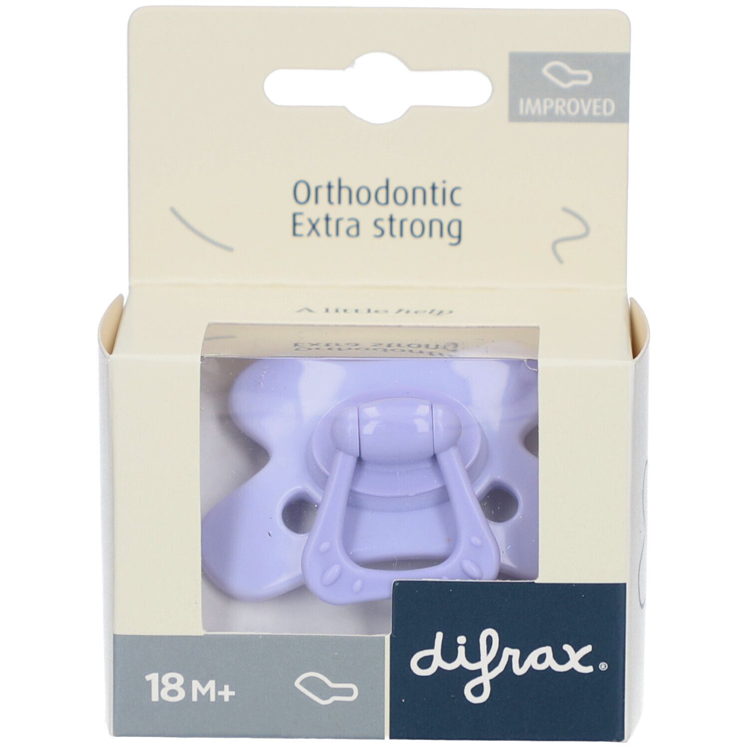 Lilafarbener Schnuller in Verpackung. Orthodontic, extra stark. Sichtfenster. Marke: difrax. Alter: 18M+.