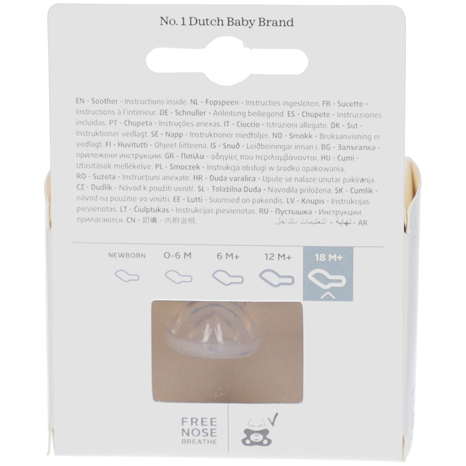 Rückseite der Verpackung. Text: No. 1 Dutch Baby Brand. Sichtfenster mit Schnuller. Altersempfehlung: 18M+.