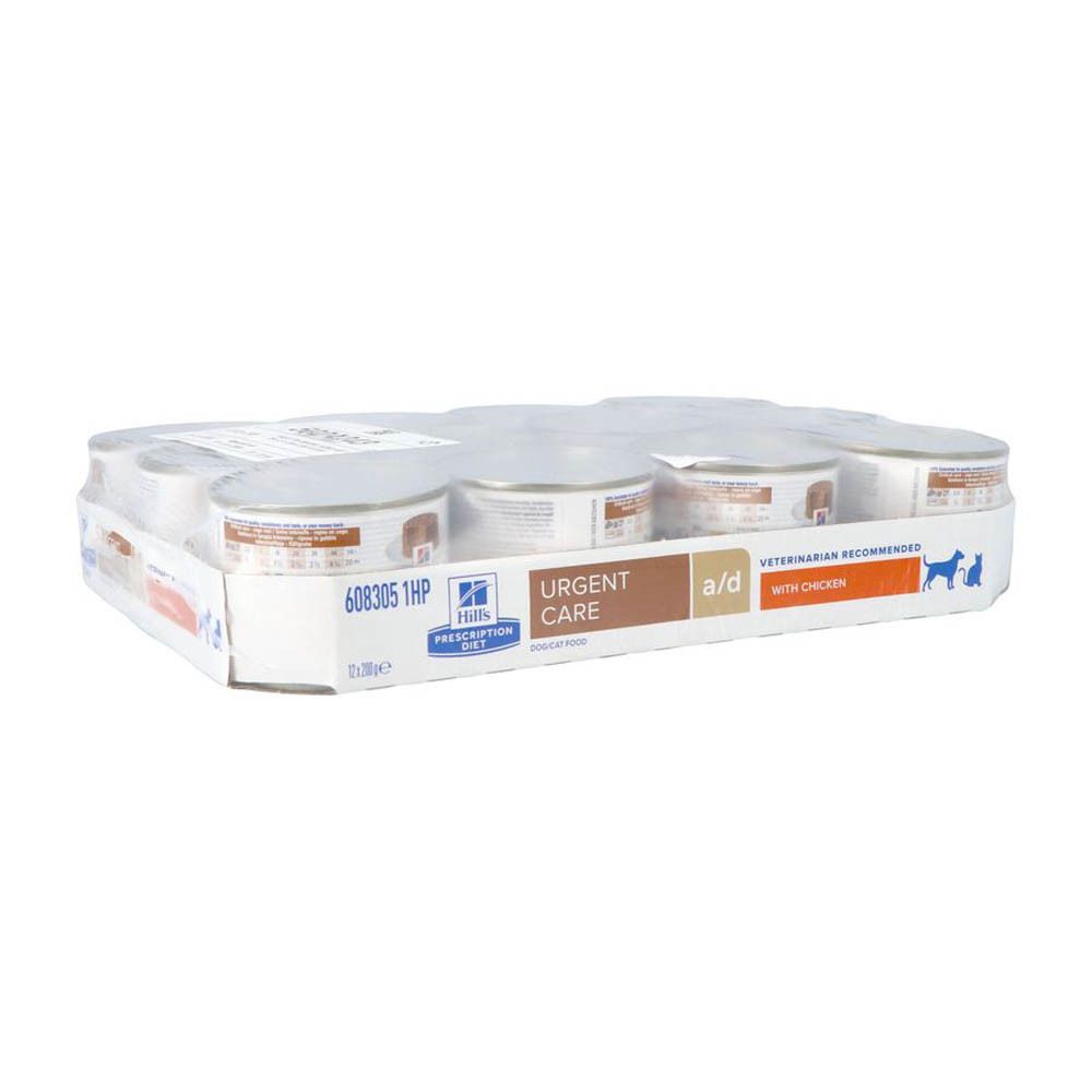 Paquet de 6 boîtes Hills Prescription Diet a/d. Urgent Care, avec du poulet. Boîtes visibles.