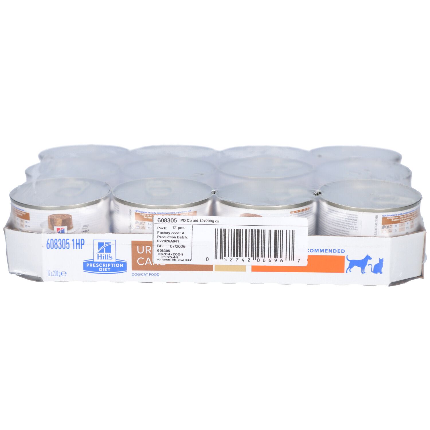 Hills Prescription Diet a/d, Hund & Katzennahrung. Dose mit Futterstück. Aufschrift: Urgent Care, mit Huhn.