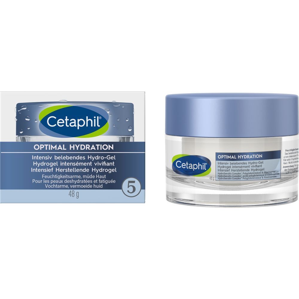 Emballage et pot de gel Cetaphil. Inscription: Optimal Hydration. 48g. Boîte avec 5.