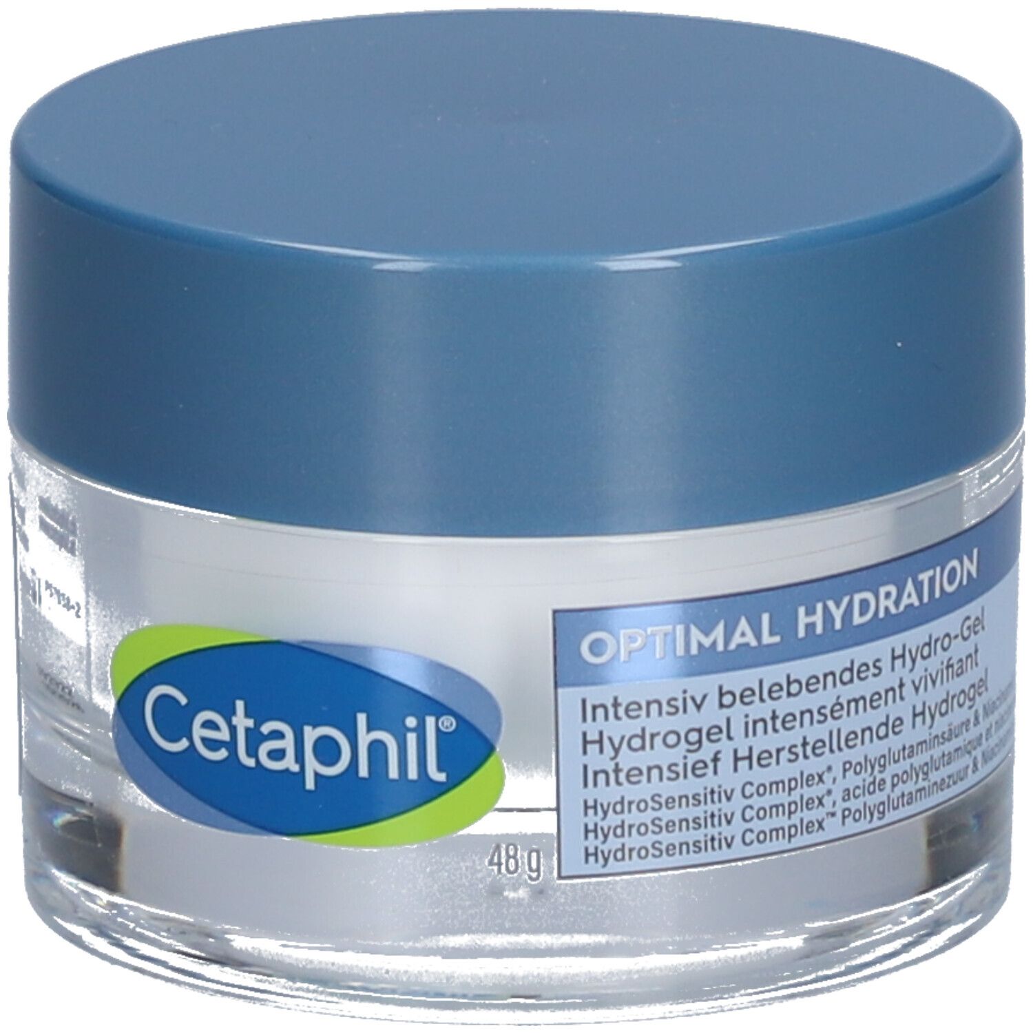 Cetaphil Hydro-Gel-Tiegel mit blauem Deckel. Aufschrift: Optimal Hydration. 48g. Produktinformationen.