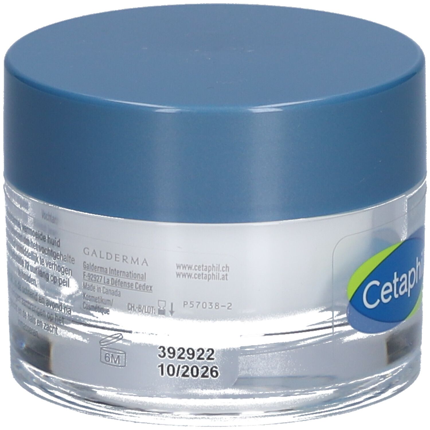 Rückseite des Cetaphil Hydro-Gel-Tiegels. Herstellerinformationen und Haltbarkeitsdatum 10/2026.