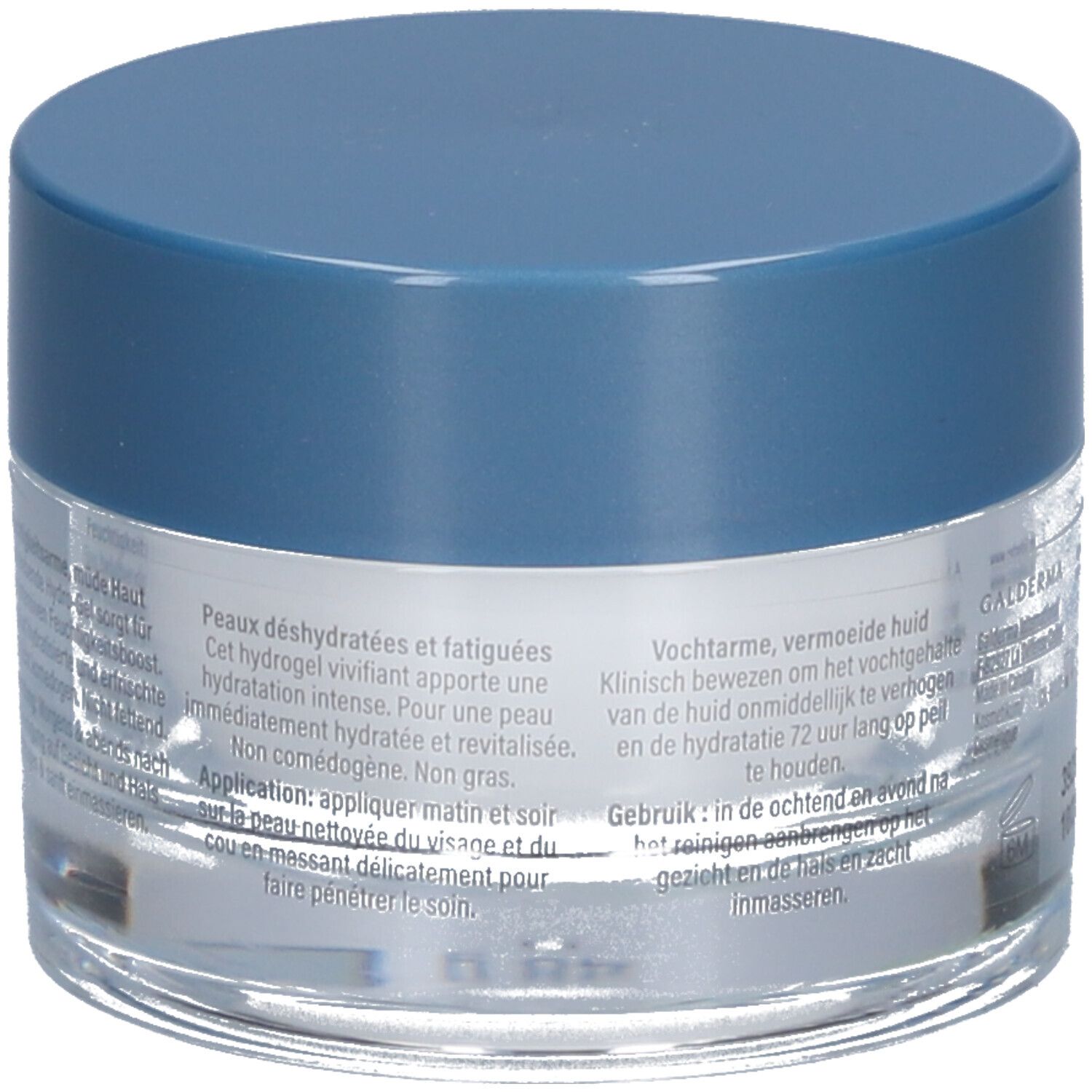 Rückseite des Cetaphil Hydro-Gel-Tiegels. Text in mehreren Sprachen. Nicht komedogen.