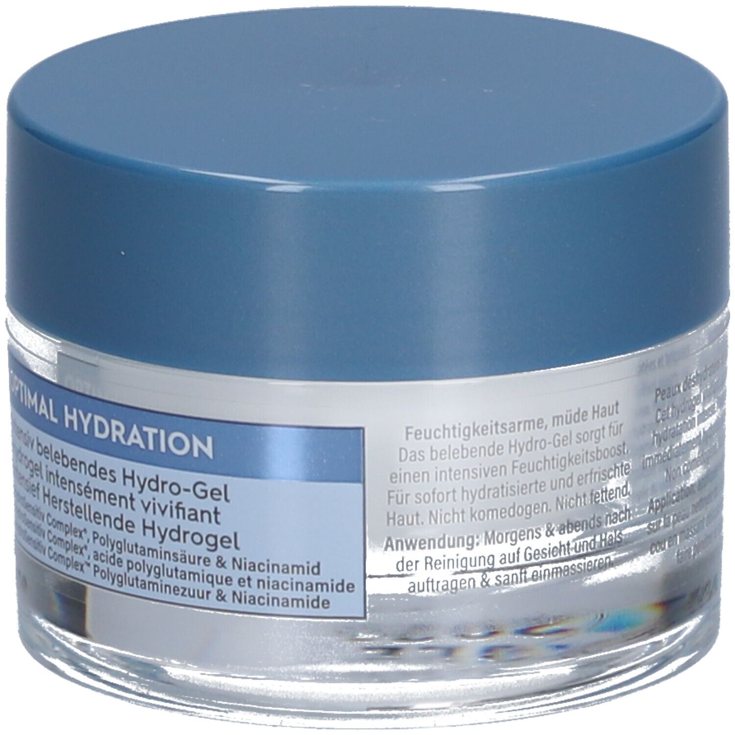Cetaphil Hydro-Gel-Tiegel mit blauem Deckel. Aufschrift: Optimal Hydration. Produktinformationen.