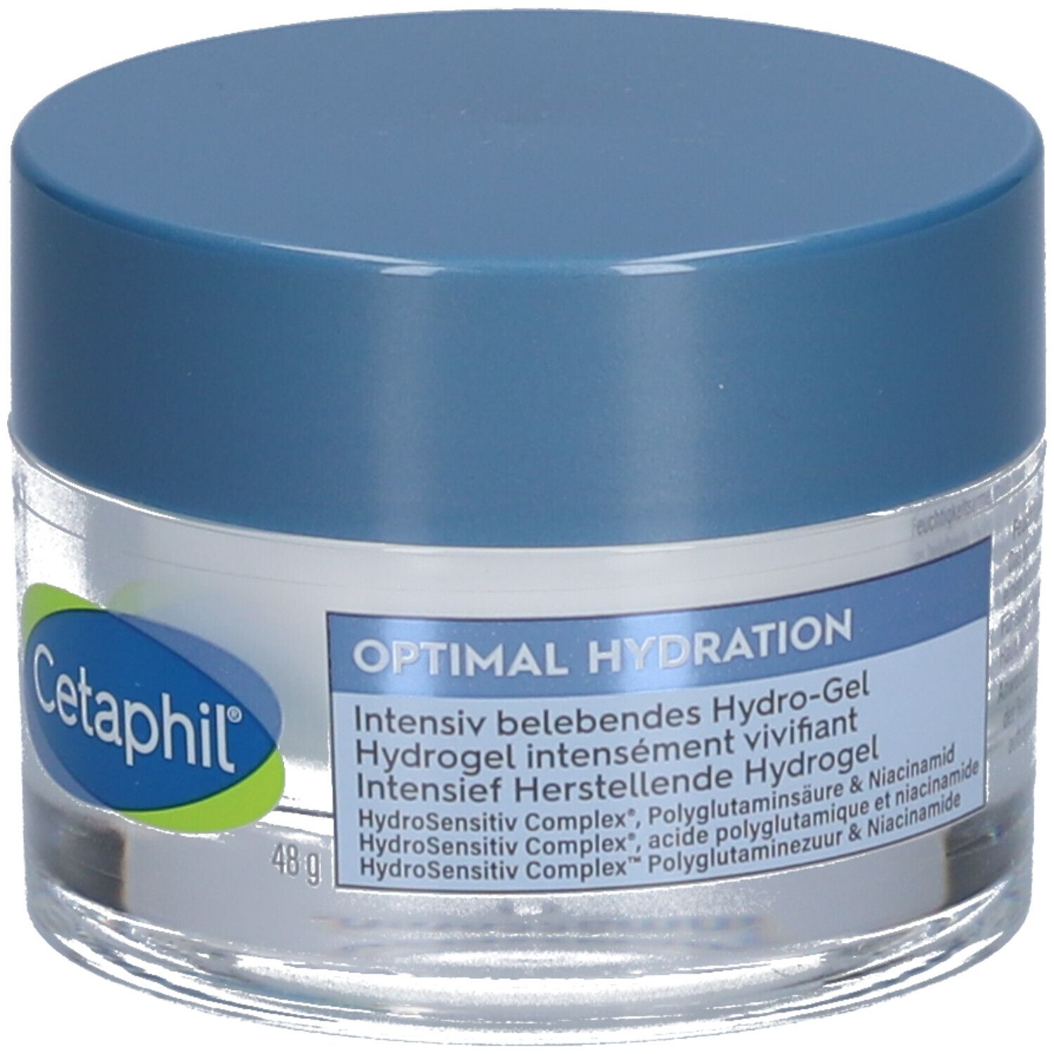 Cetaphil Hydro-Gel-Tiegel mit blauem Deckel. Aufschrift: Optimal Hydration. 48g.