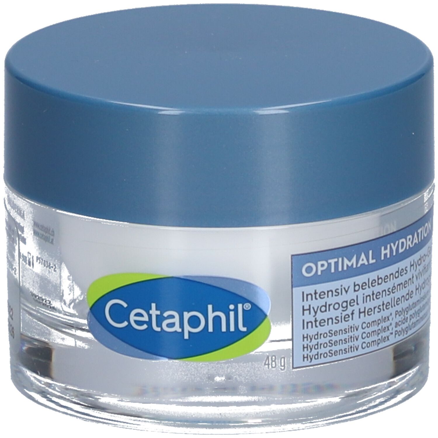 Cetaphil Hydro-Gel-Tiegel mit blauem Deckel. Aufschrift: Optimal Hydration. 48g.