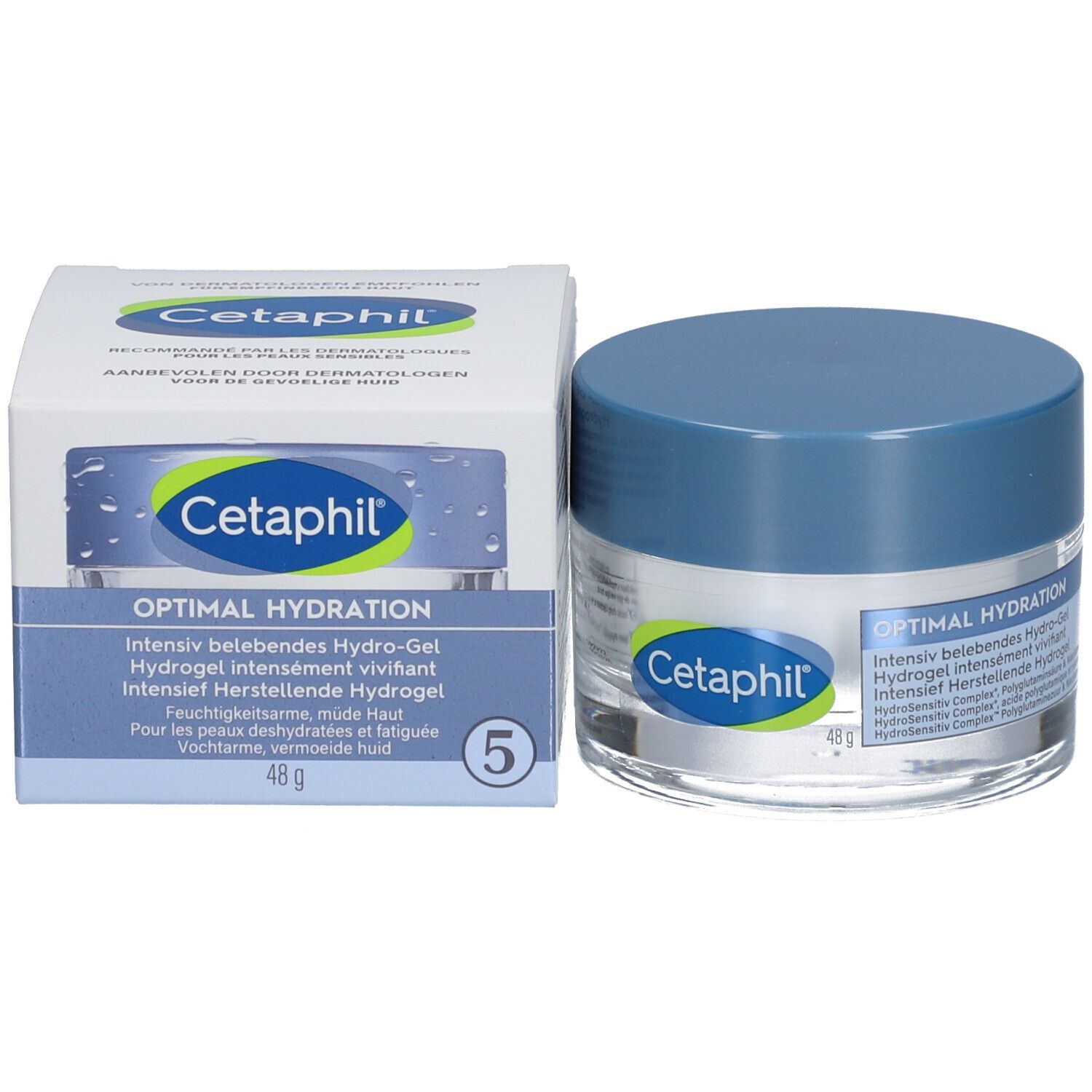 Cetaphil Hydro-Gel-Tiegel und Verpackung. Aufschrift: Optimal Hydration. 48g. Box mit 5.