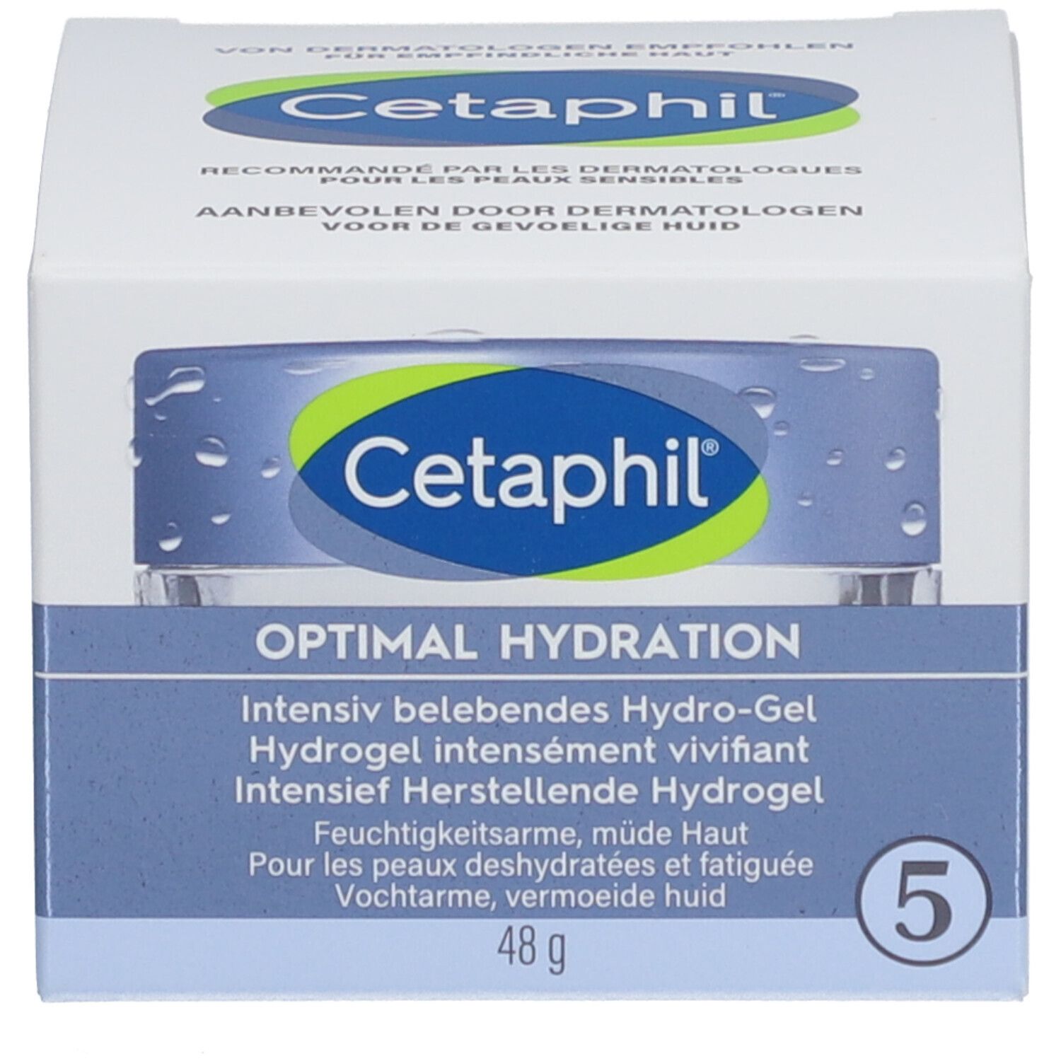 Cetaphil Hydro-Gel-Verpackung. Aufschrift: Optimal Hydration. 48g. Box mit 5.