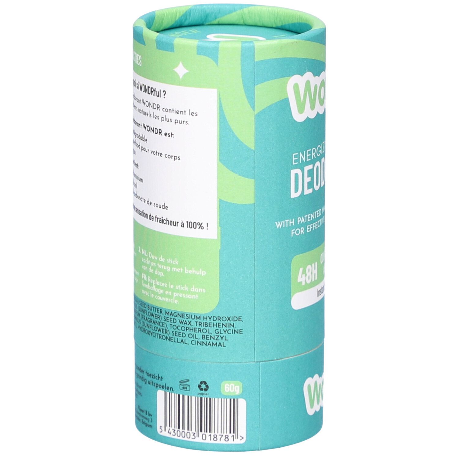 Zylindrische Verpackung von Déodorant Wondr Instant Refresh. Rückseite mit Inhaltsstoffen und Anwendungshinweisen.