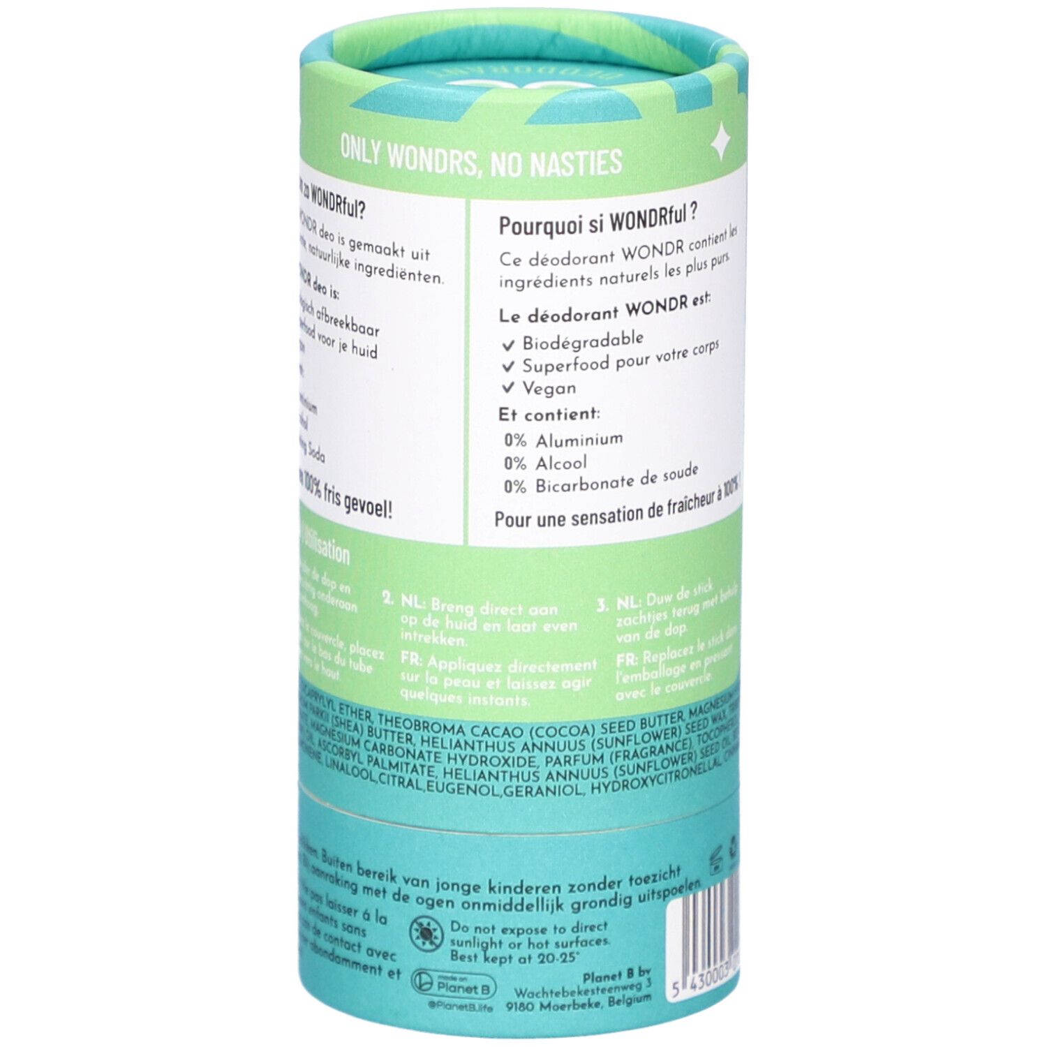 Zylindrische Verpackung von Déodorant Wondr Instant Refresh. Rückseite mit Produktinformationen und Inhaltsstoffen.