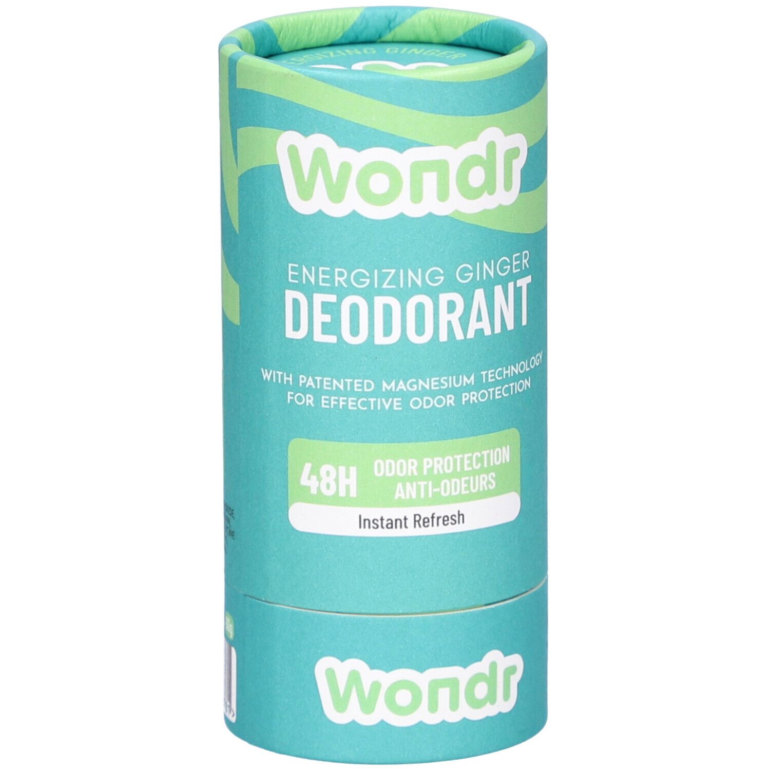 Zylindrische Verpackung von Déodorant Wondr Instant Refresh. Türkis mit grünen Akzenten. Schriftzug Wondr und Produktinformationen.